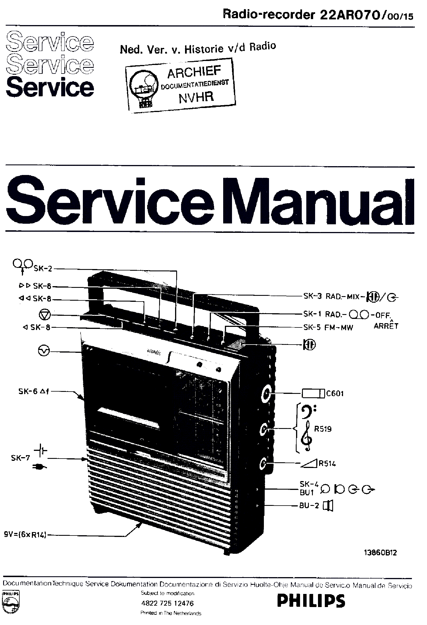 PHILIPS 22AR070-00-15 PORTABLE RADIO RECORDER SM service manual (1st page)