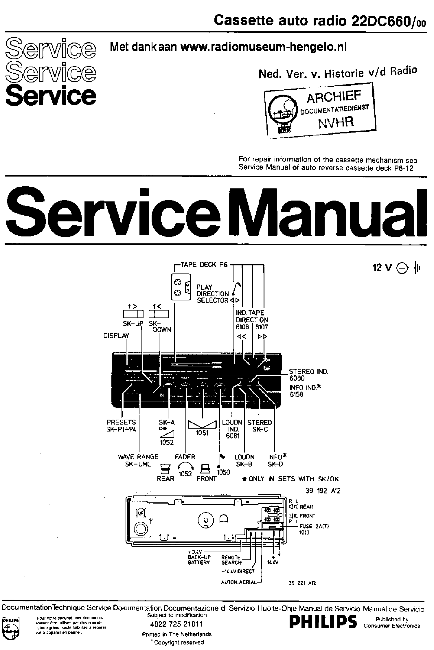 PHILIPS 22DC660-00 CASSETTE AUTO RADIO SM service manual (1st page)