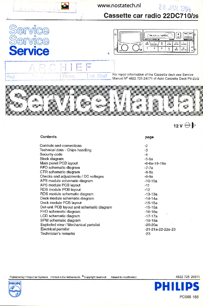 PHILIPS 22DC710 26 CASETTE CAR RADIO 1994 SM service manual (1st page)
