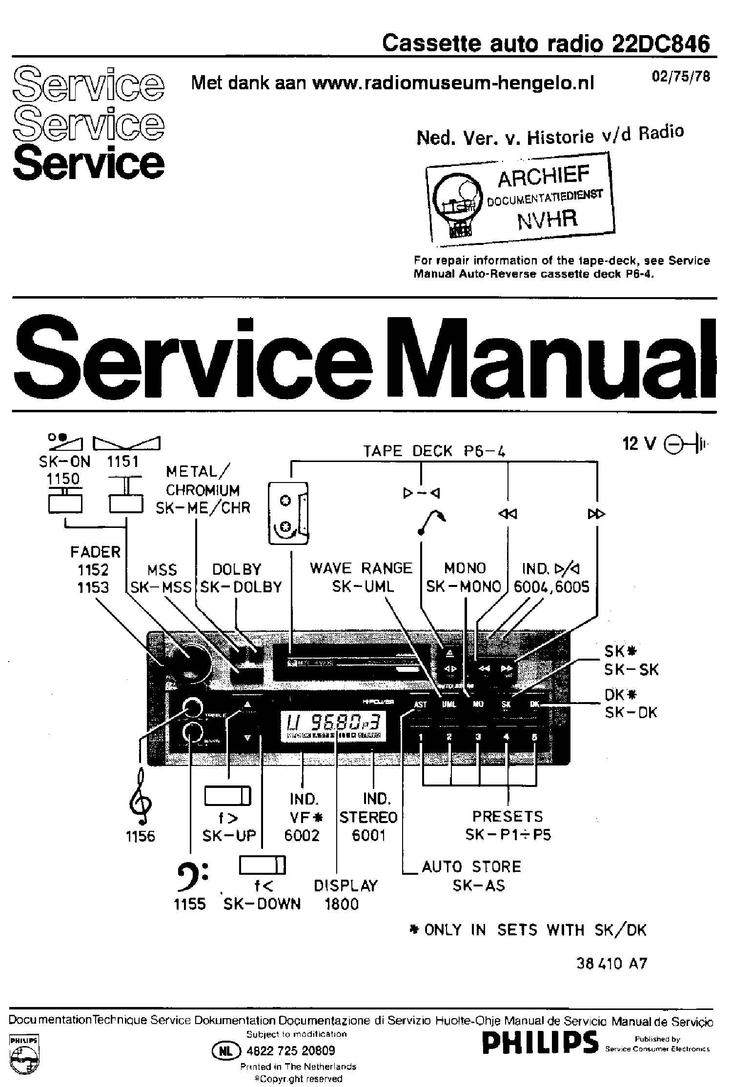 PHILIPS 22DC846 CASSETTE AUTO RADIO 1978 SM service manual (1st page)
