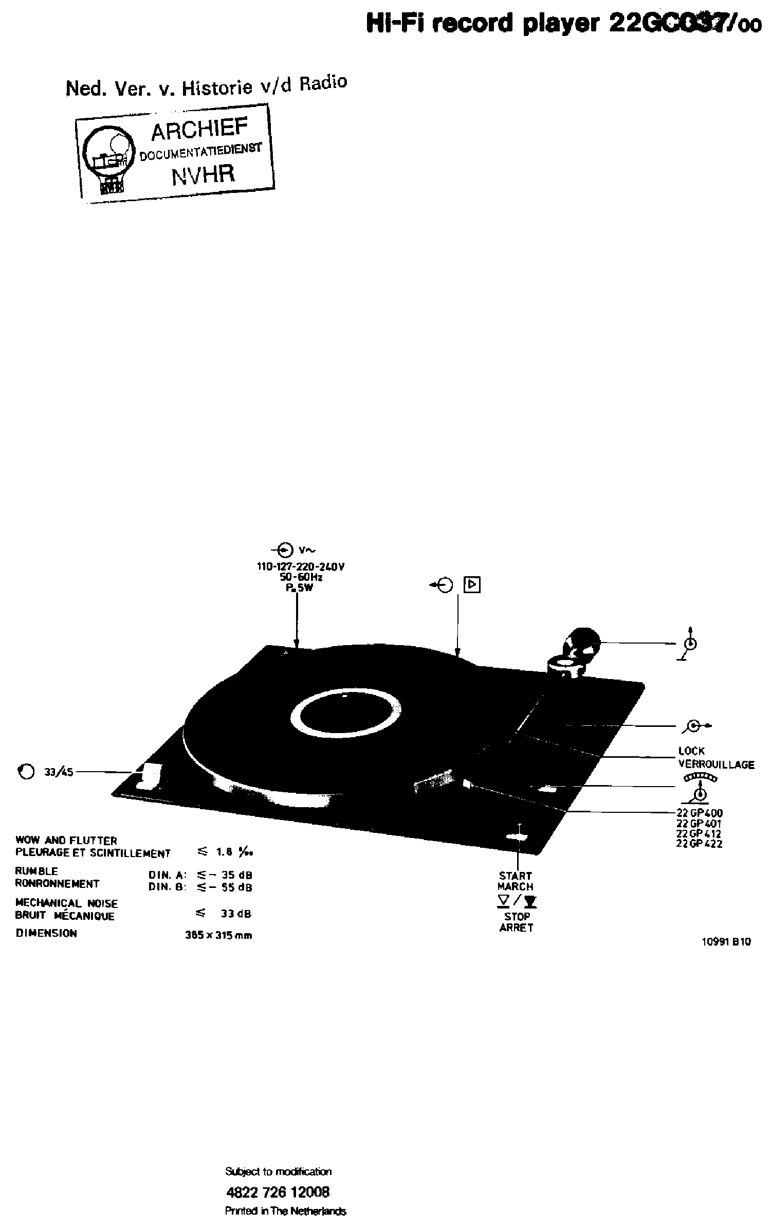 PHILIPS 22GC037-00 HIFI RECORD PLAYER SM service manual