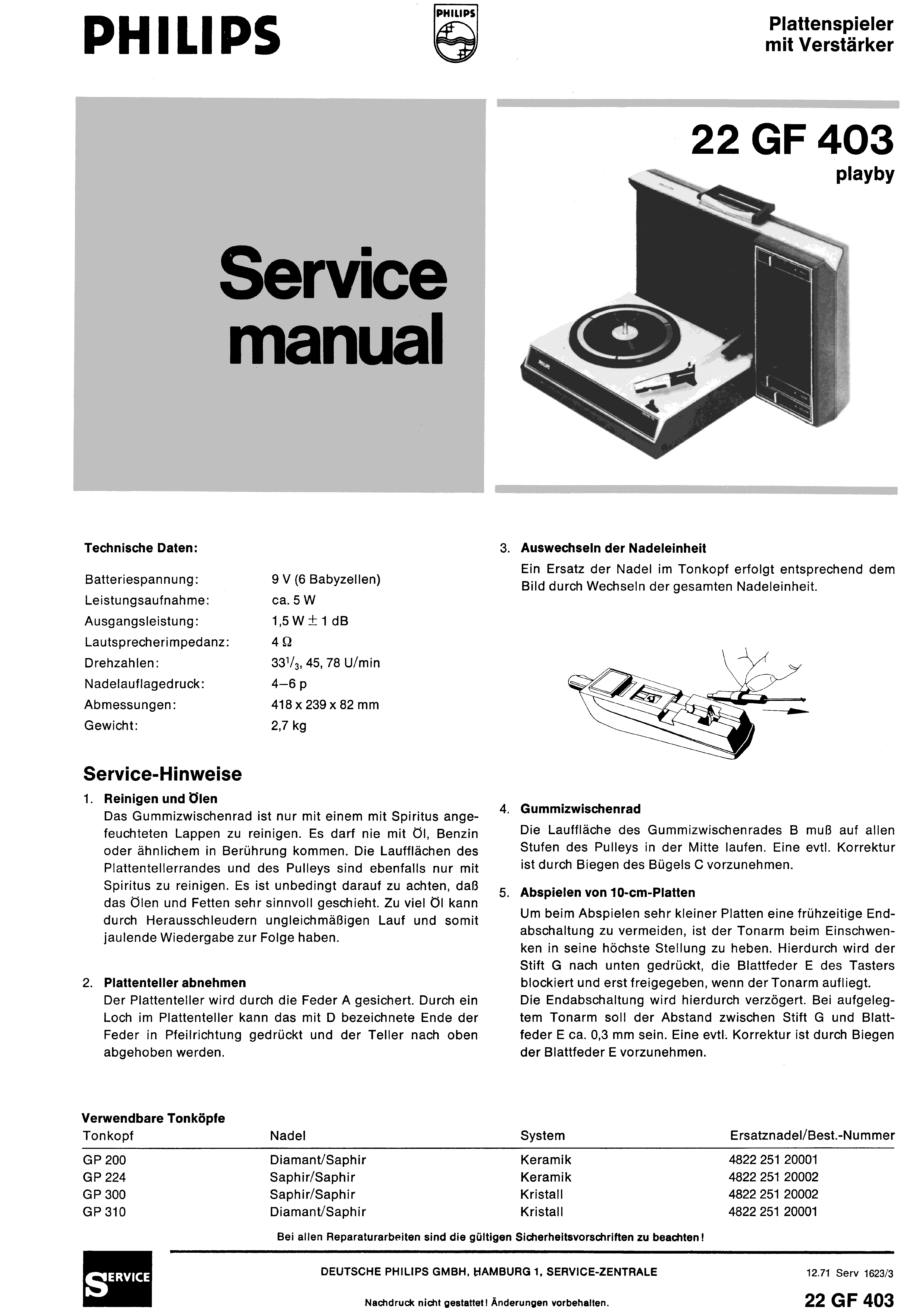 Philips Service Manual für Phono 22 GF 423  Copy 