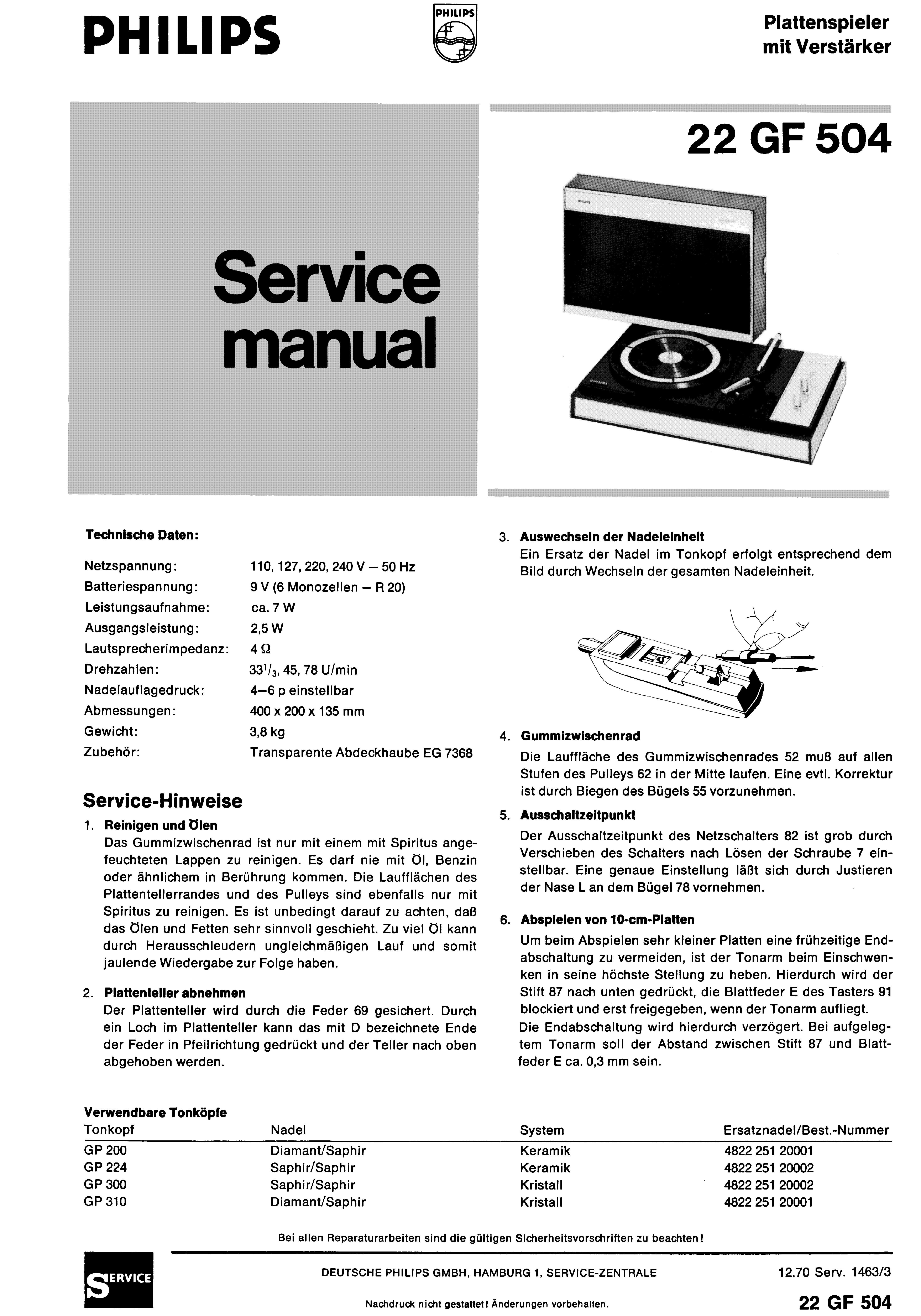 PHILIPS 22GF504 PLATTENSPIELER MIT VERSTAERKER SM service manual (1st page)