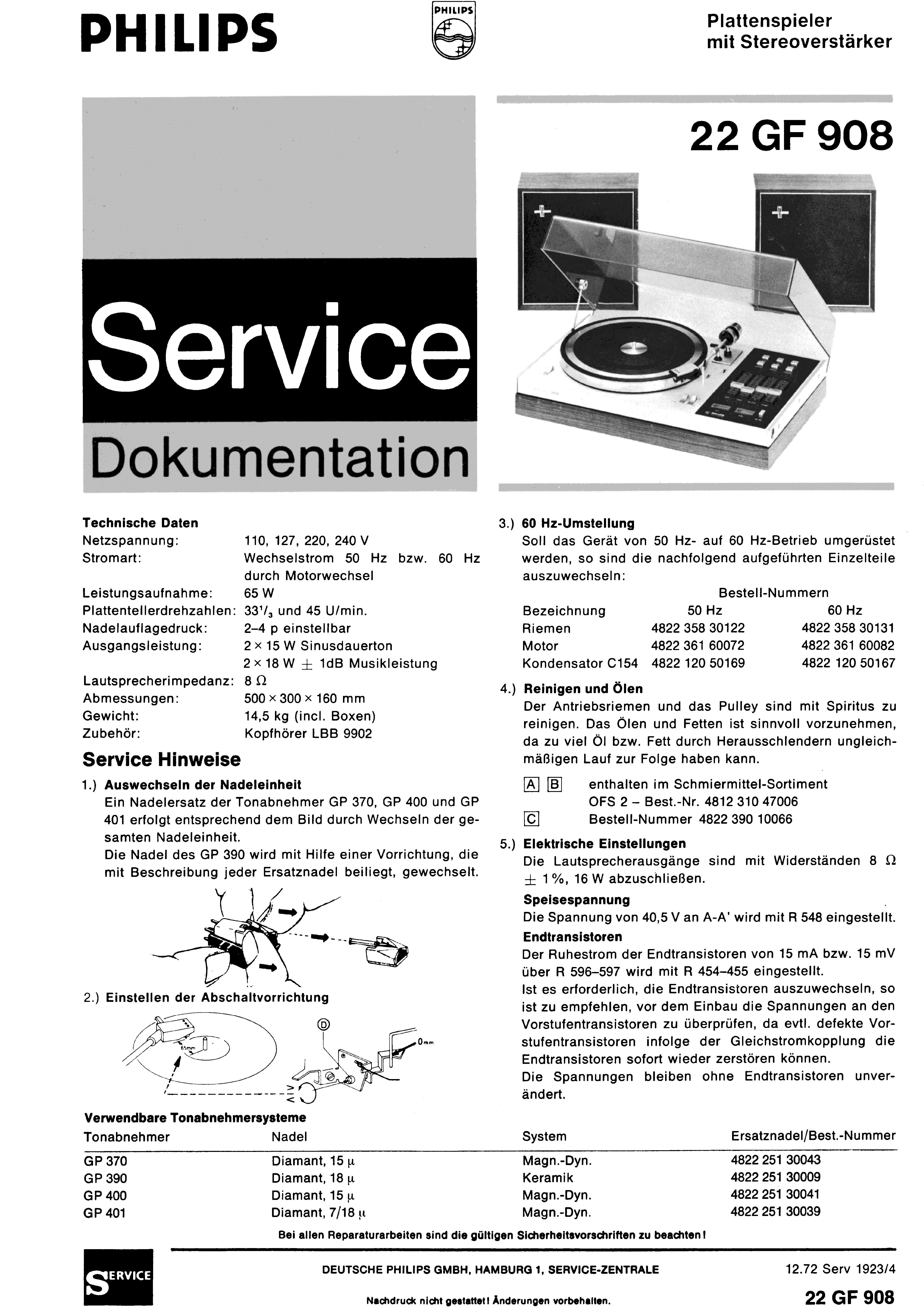 PHILIPS 22GF908 PLATTENSPIELER MIT STEREOVERSTAERKER SM service manual (1st page)