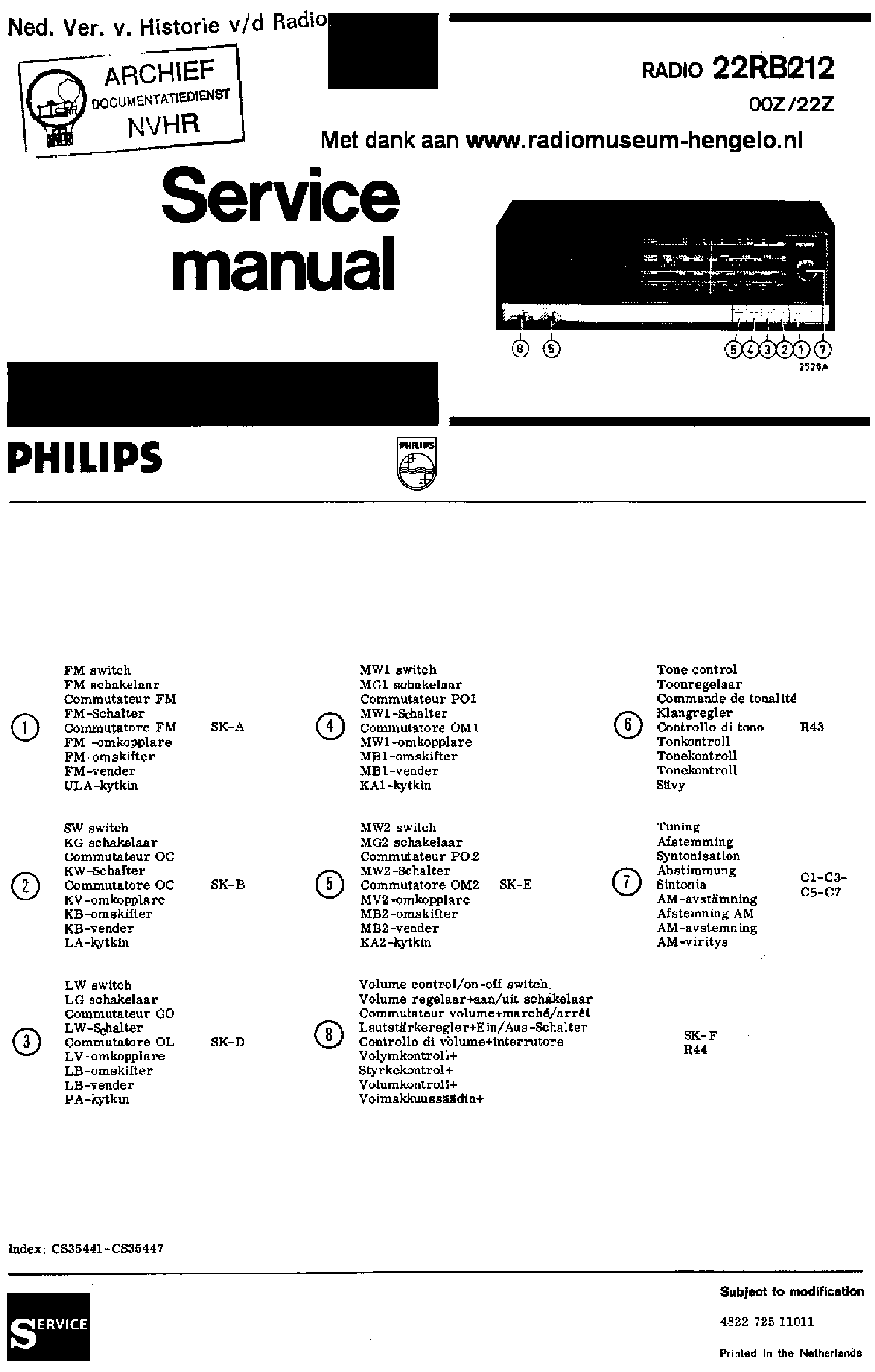 PHILIPS 22RB212 AM-FM RADIO 1973 SM service manual (1st page)