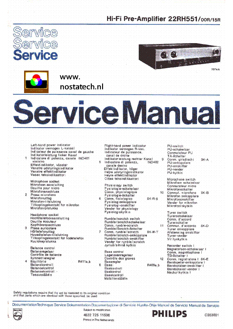 PHILIPS 22RB551 00R 15R HIFI PRE AMPLIFIER SM service manual (1st page)