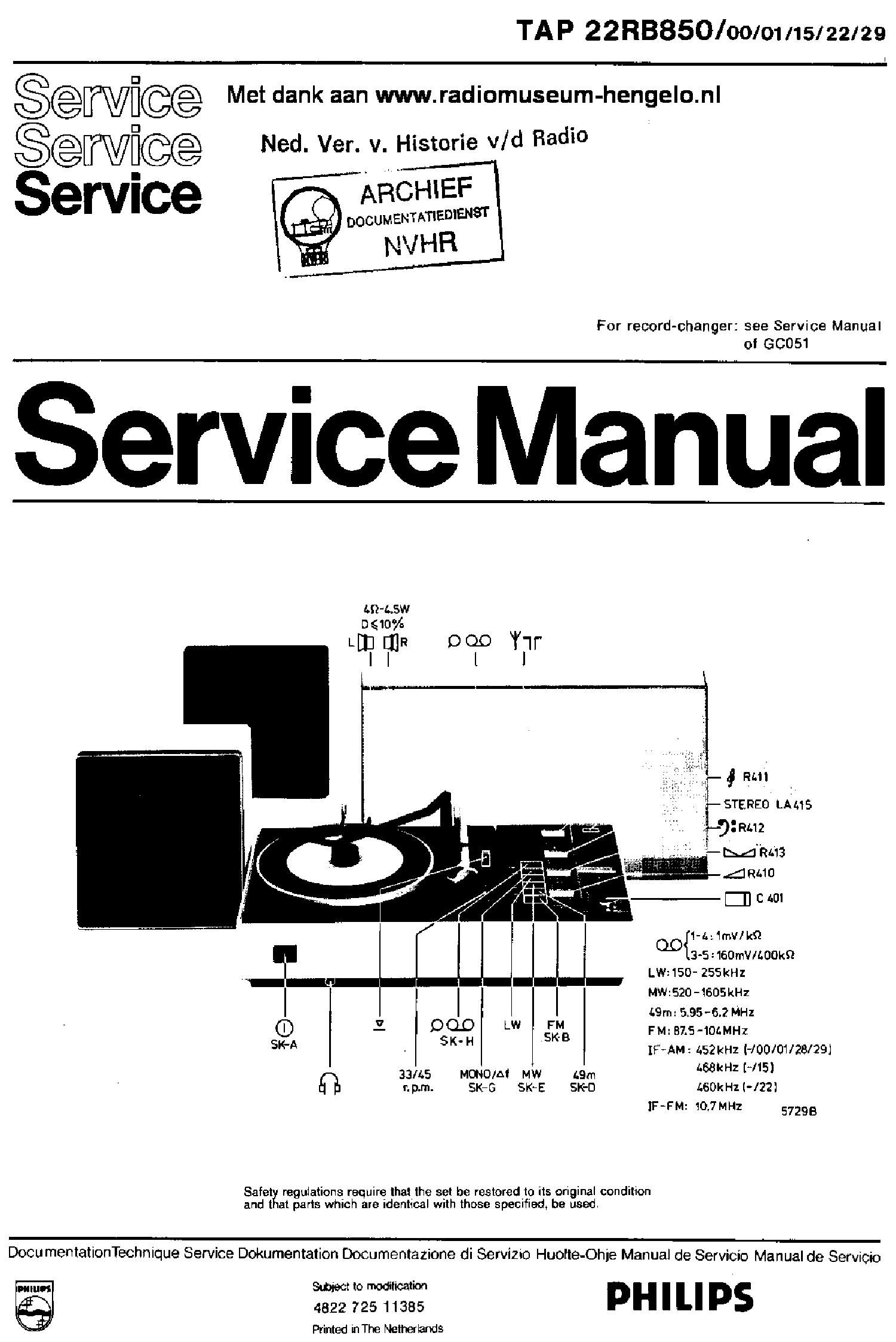 PHILIPS 22RB850-00-01-15-22-29 RECORD PLAYER SM service manual (1st page)