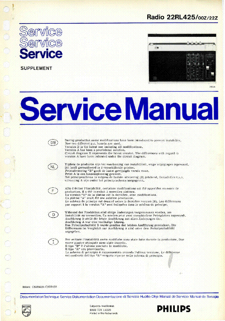 PHILIPS 22RL425-00Z-22Z SM SUPPL service manual
