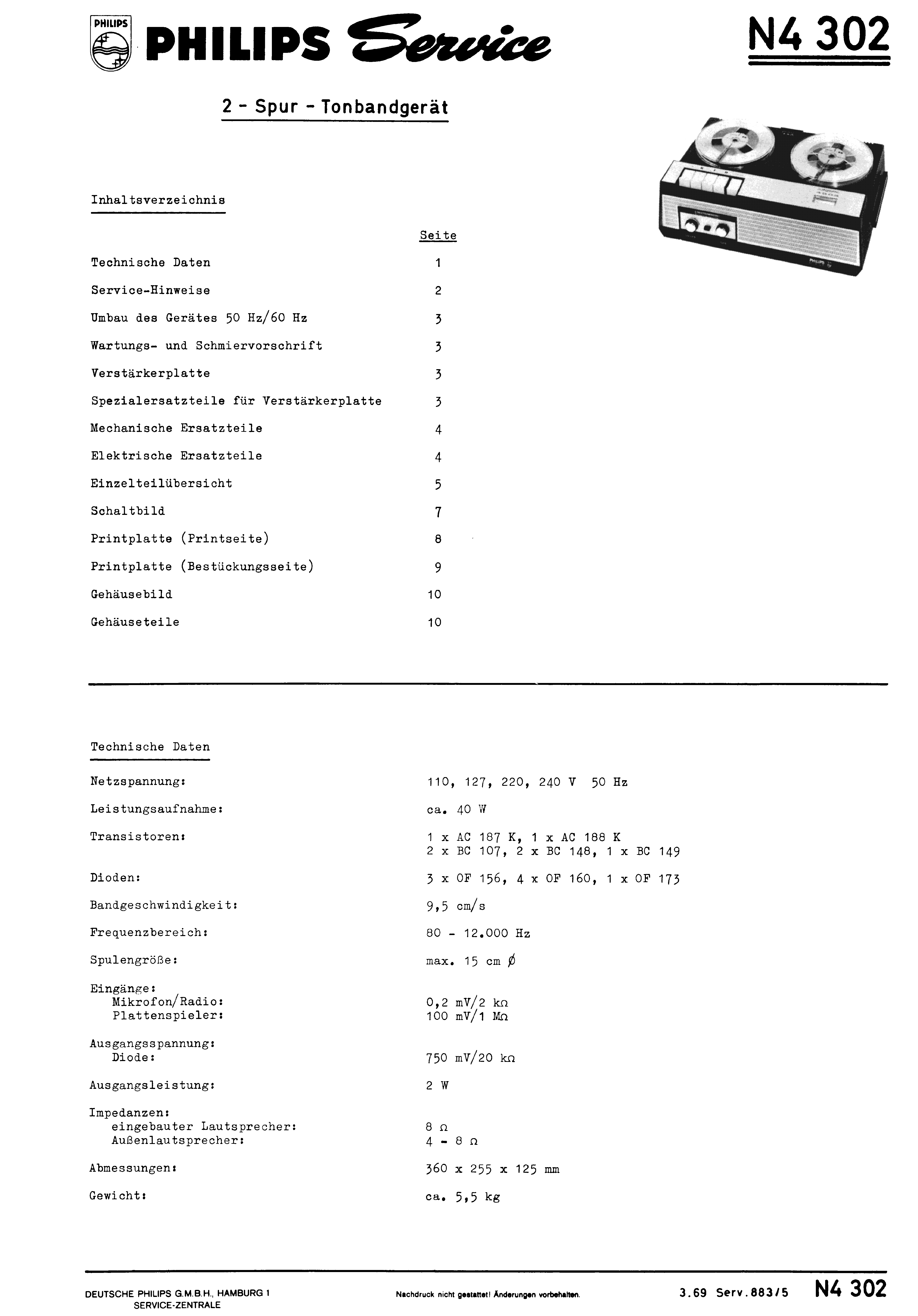 PHILIPS 2 - SPUR - TONBANDGERAET N4302 SM service manual (1st page)