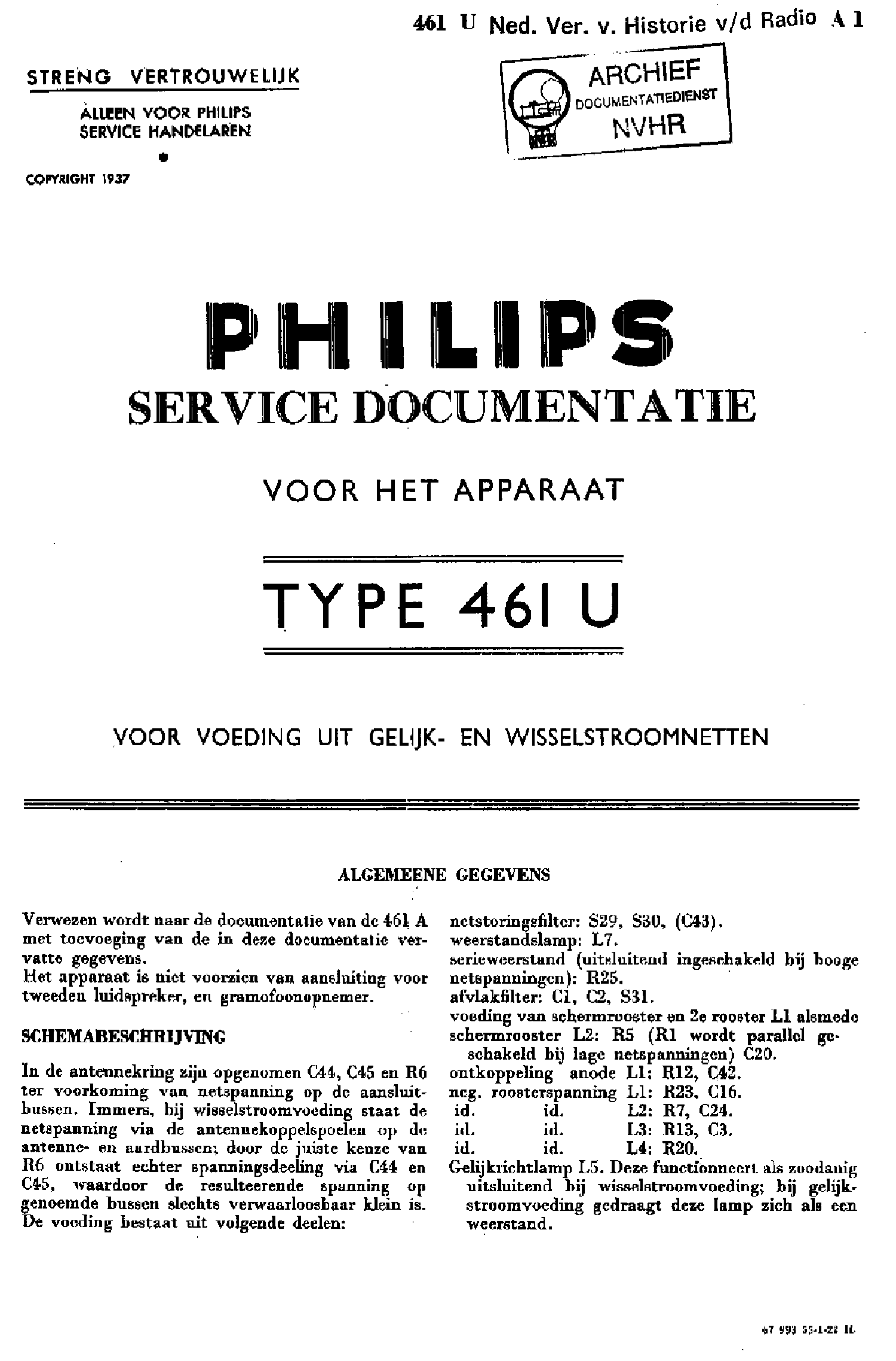 PHILIPS 461U AC-DC RECEIVER 1937 SM service manual