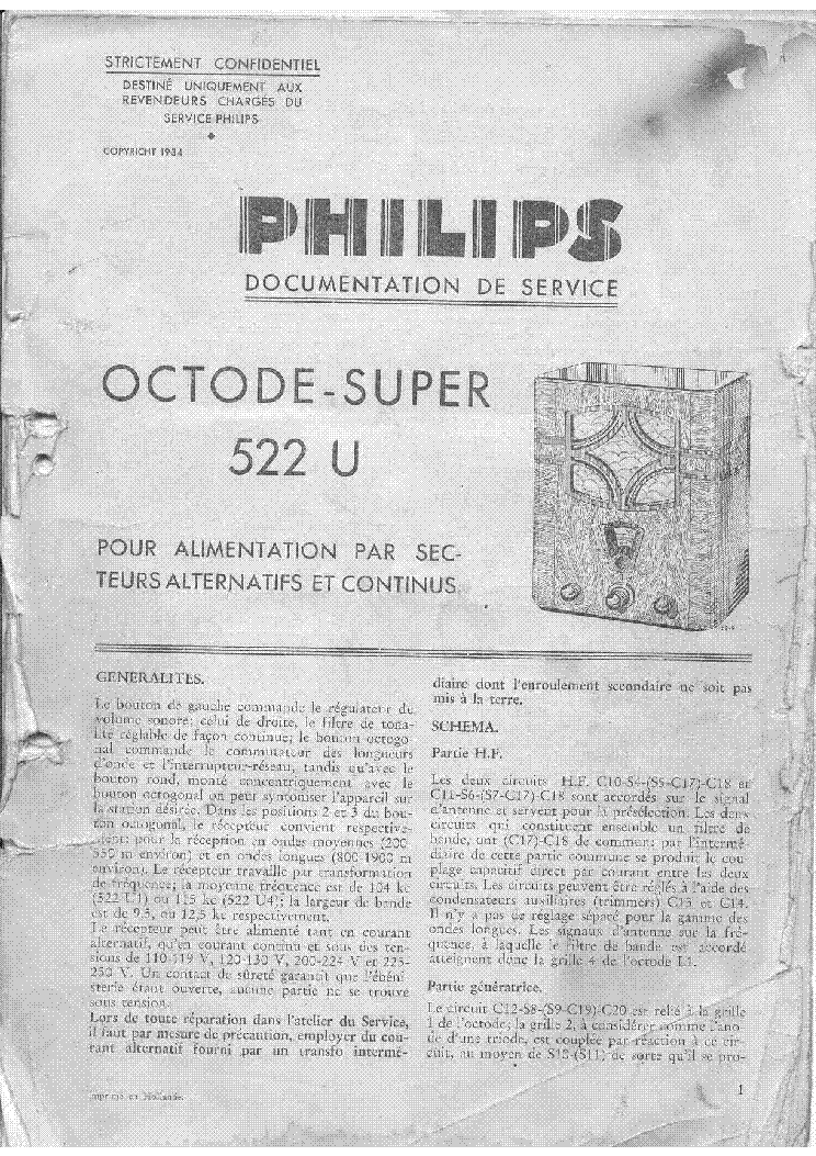 PHILIPS 522U AM RADIO RECEIVER service manual (1st page)