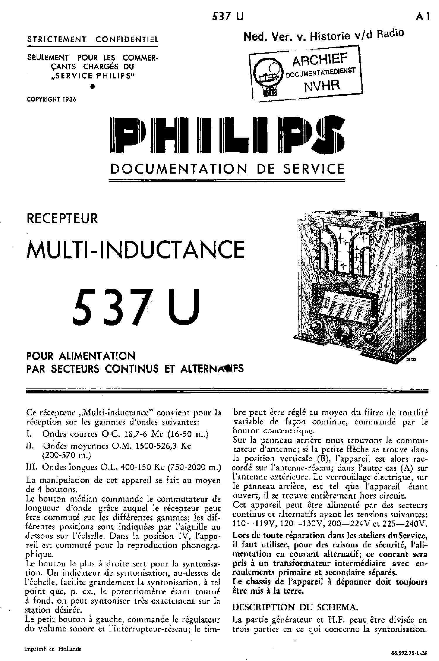 PHILIPS 537U AC-DC RECEIVER 1936 SM service manual (1st page)