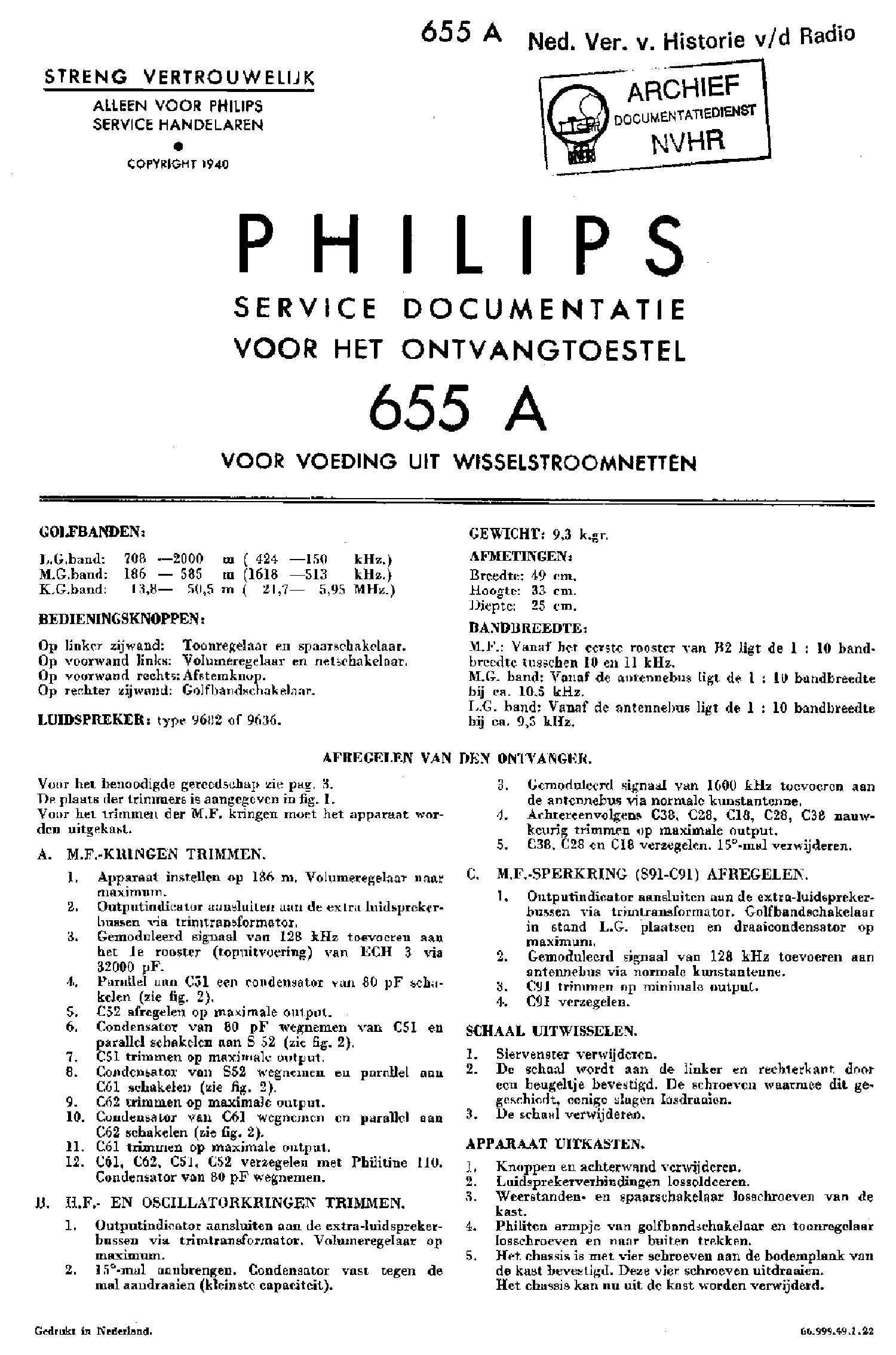 PHILIPS 655A AC RECEIVER 1940 SM service manual (1st page)