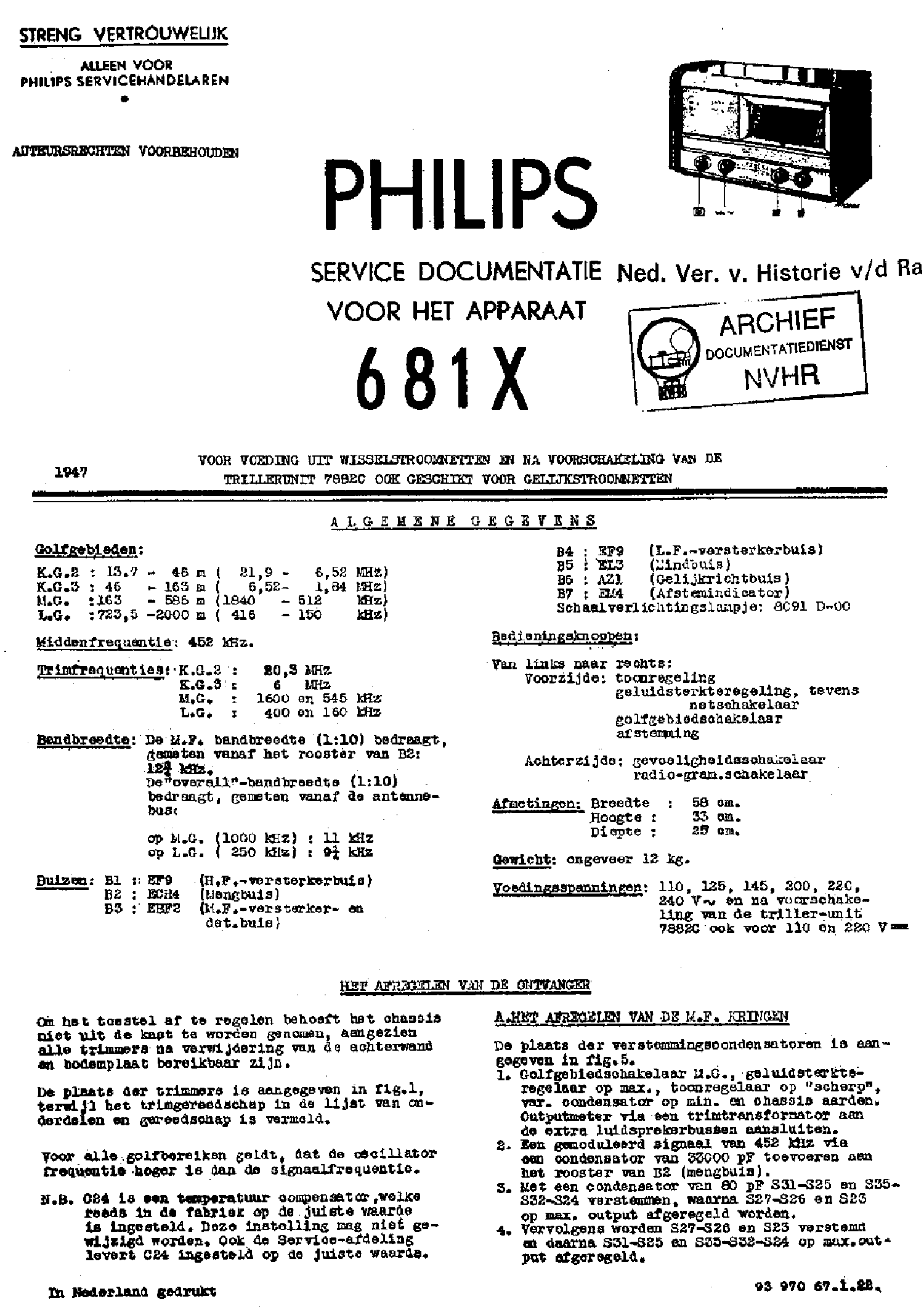 PHILIPS 681X AC RECEIVER 1947 SM service manual (1st page)
