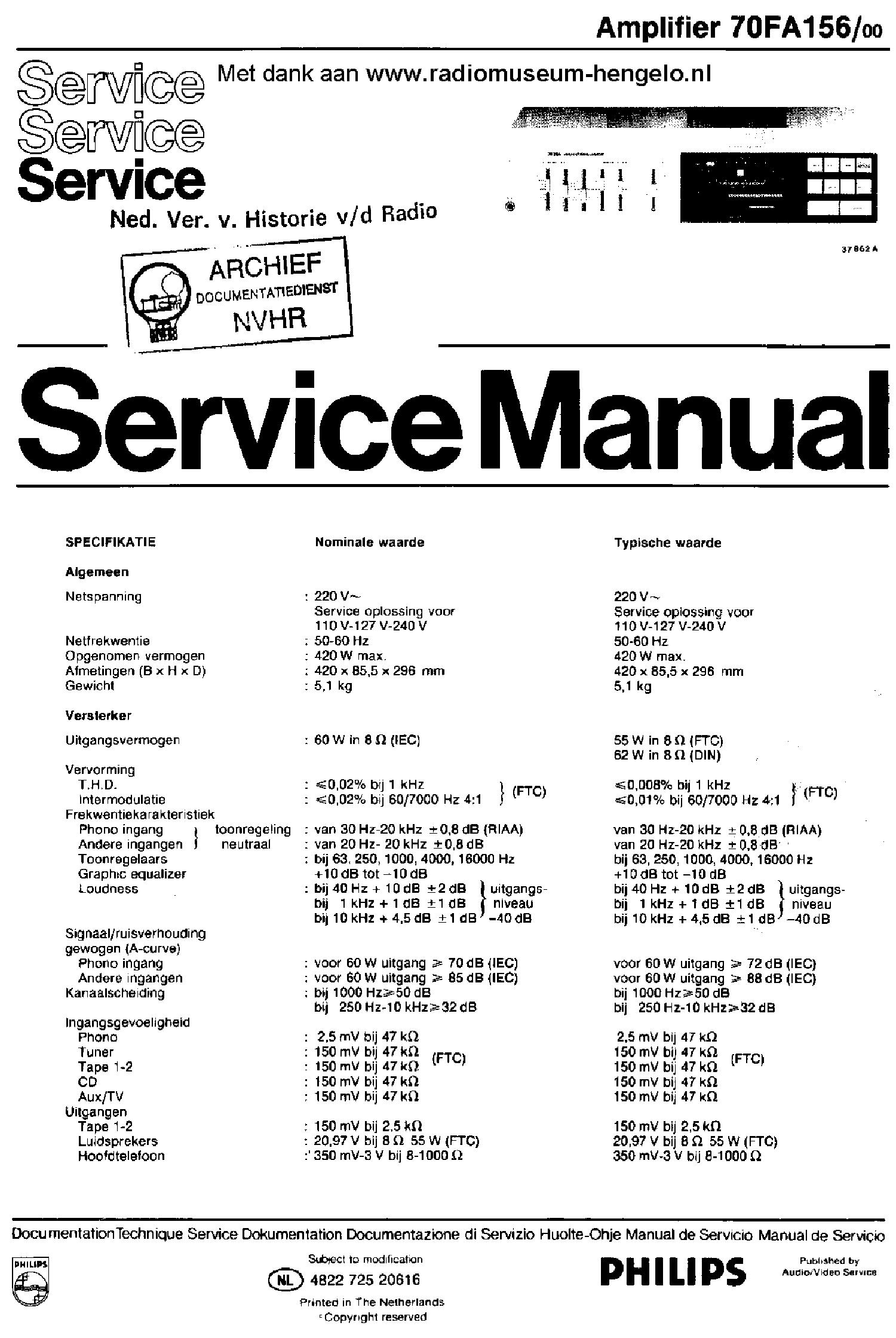 PHILIPS 70FA156-00 2X60W AMPLIFIER SM service manual (1st page)