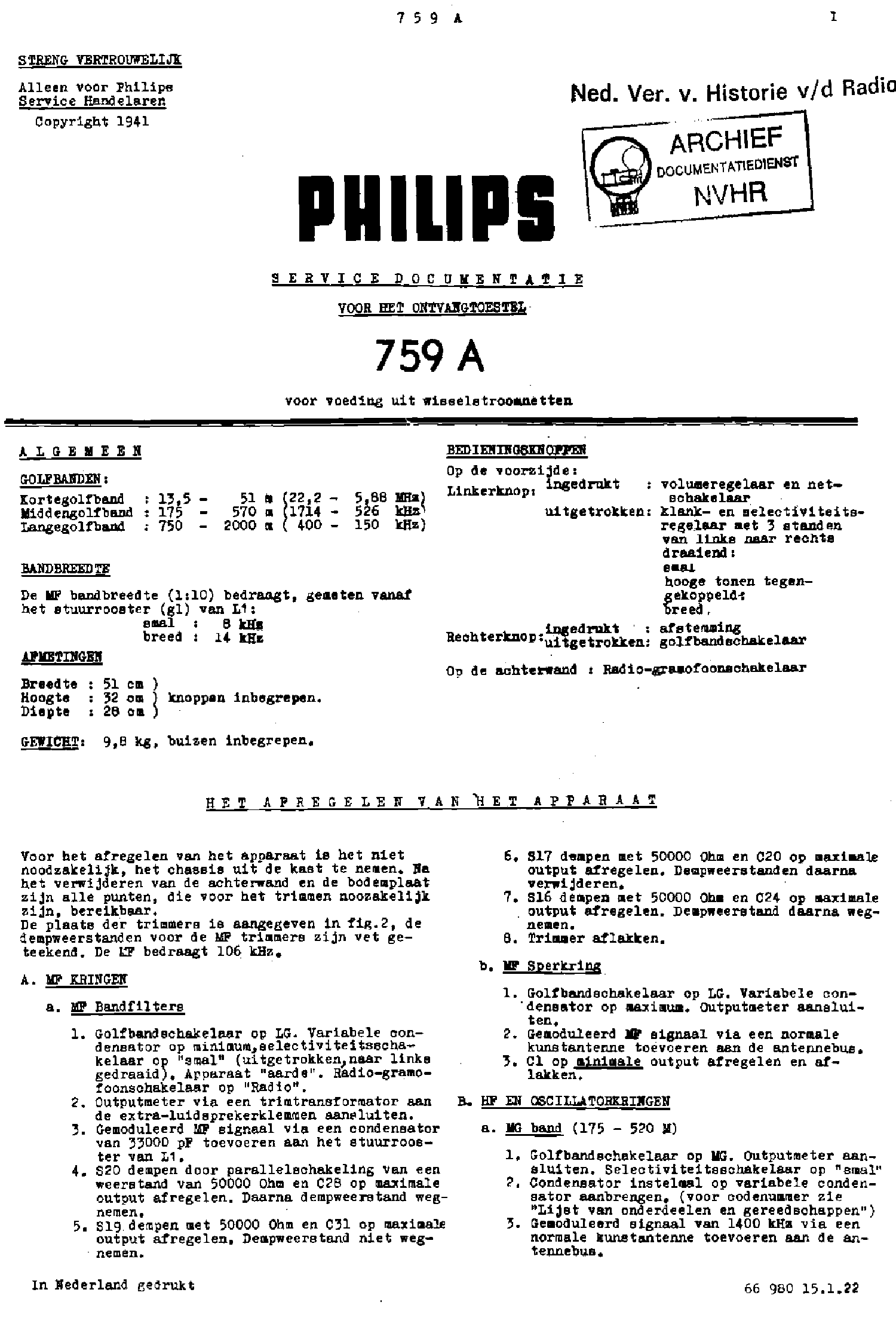 PHILIPS 759A AC RECEIVER 1941 SM service manual (1st page)