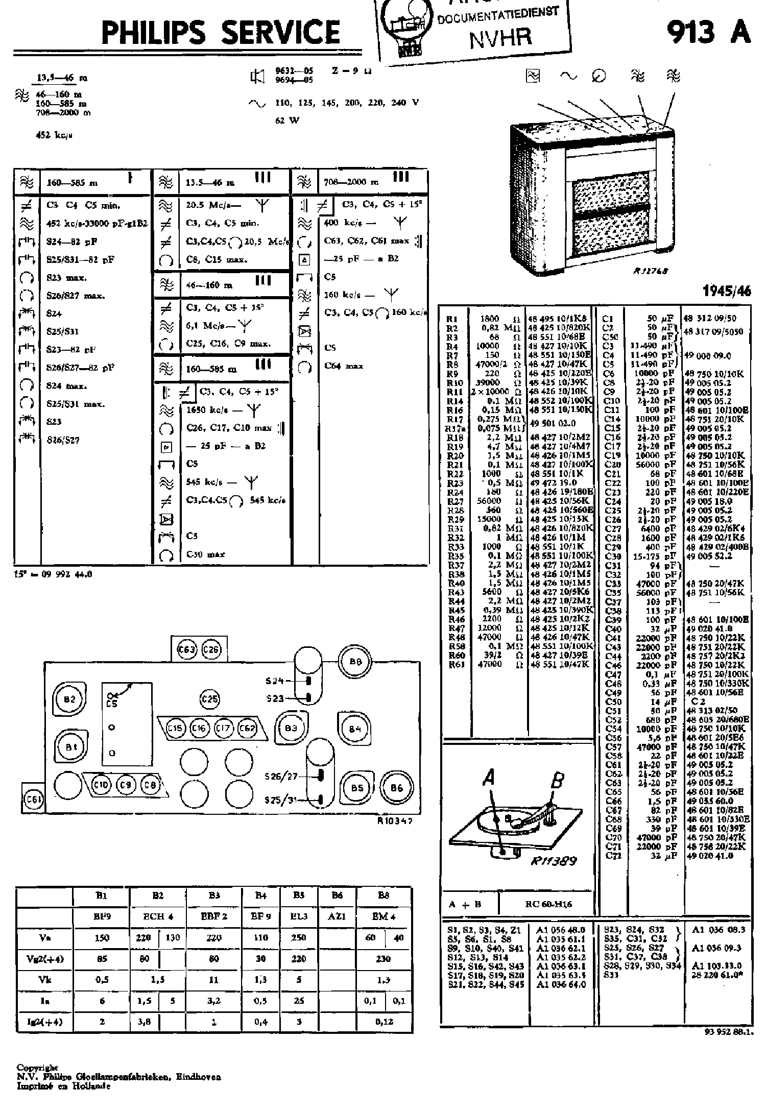 PHILIPS 913A AC RECEIVER 1945 SM service manual
