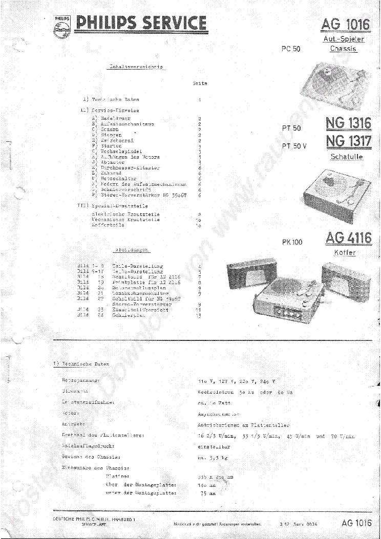 PHILIPS AG-1016 4116 NG-1316 1317 PC50 PK100 PT50-V VALTOS LEMEZJATSZO 1961 SM service manual (1st page)