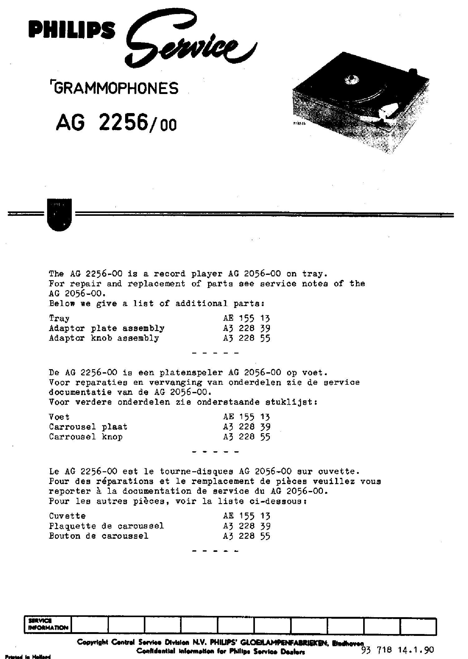PHILIPS AG2256-00 RECORD PLAYER SM service manual