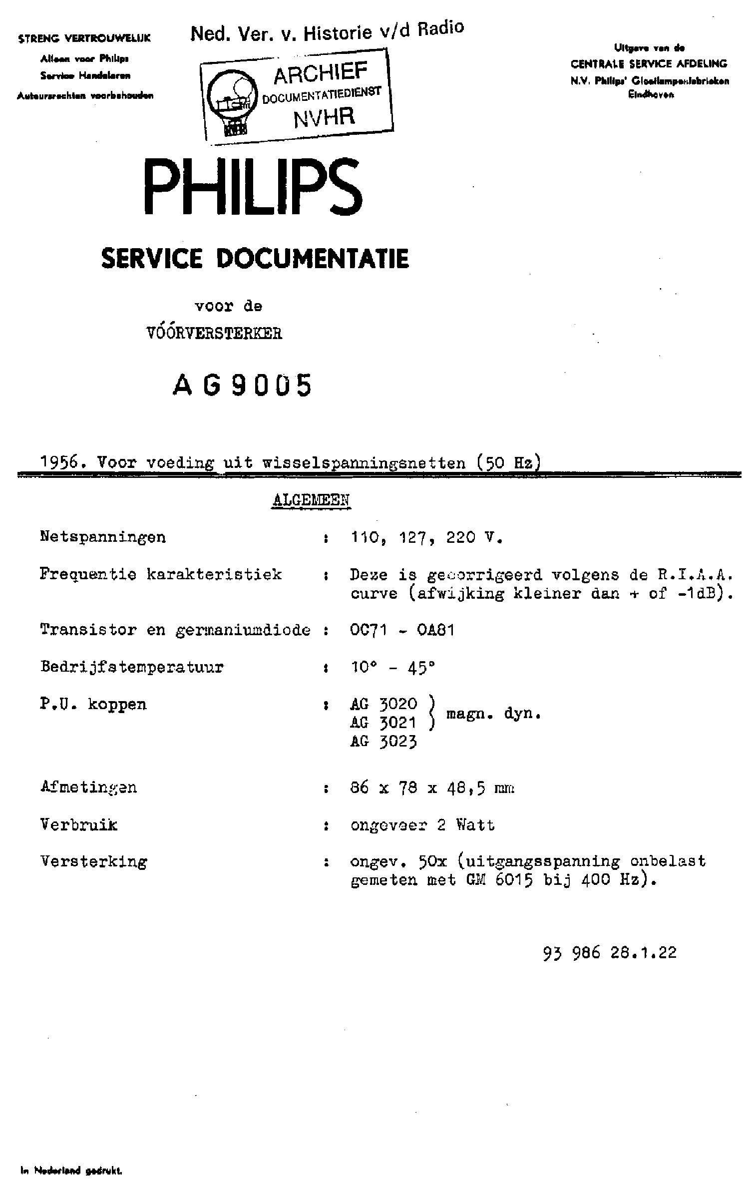 PHILIPS AG9005 PREAMPLIFIER 1956 SM service manual (1st page)
