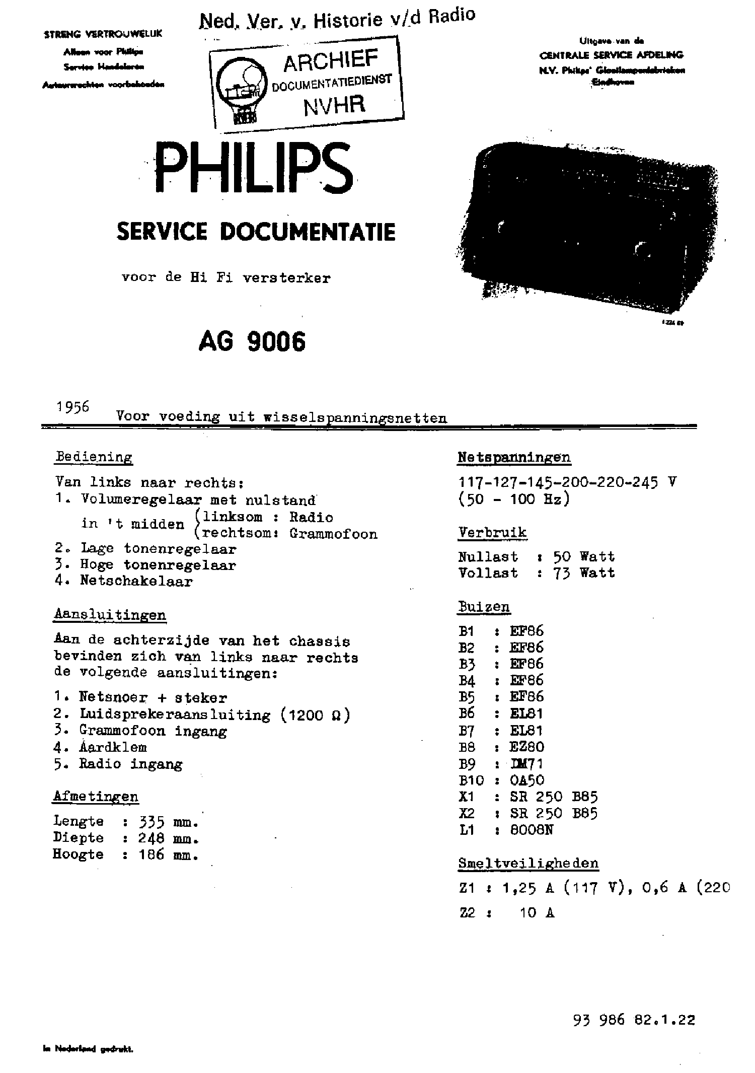PHILIPS AG9006 20W HIFI AMPLIFIER 1956 SM service manual (1st page)