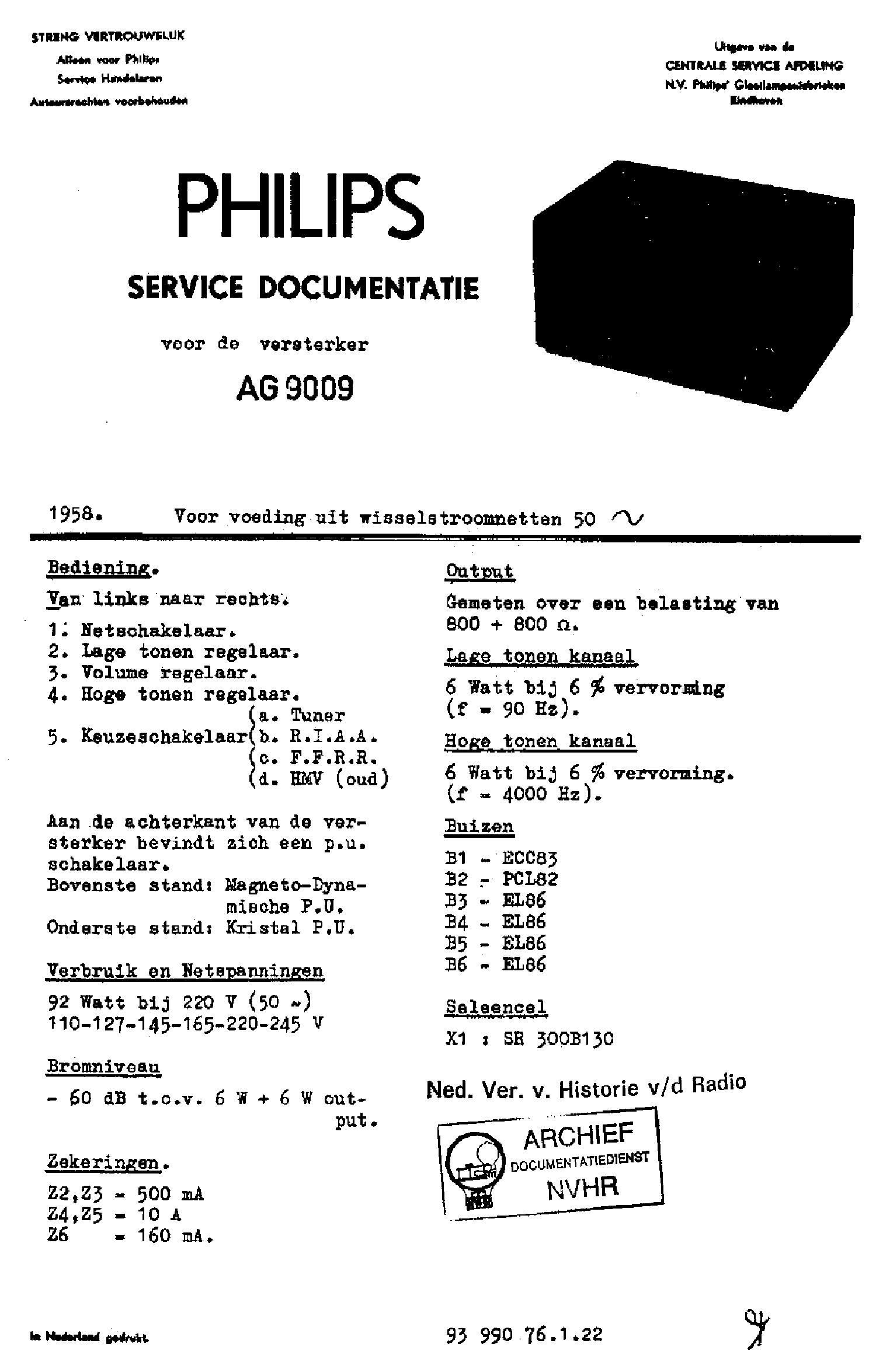 PHILIPS AG9009 4XEL86 POWER AMPLIFIER 1957 SM service manual (1st page)