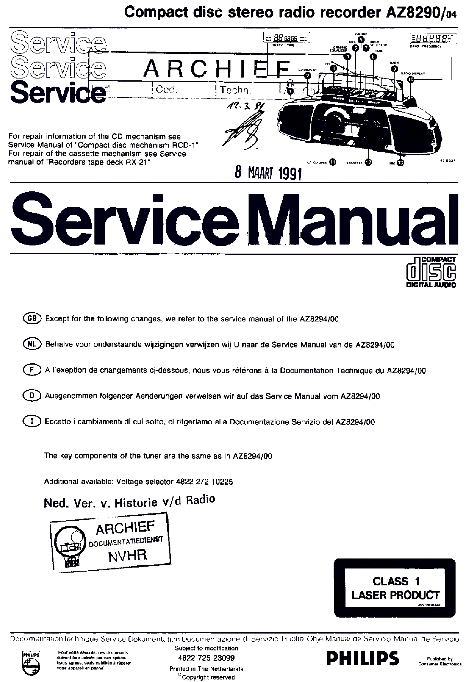 PHILIPS AZ8290-04 PORTABLE CD STEREO RADIO RECORDER 1991 SM service manual (1st page)