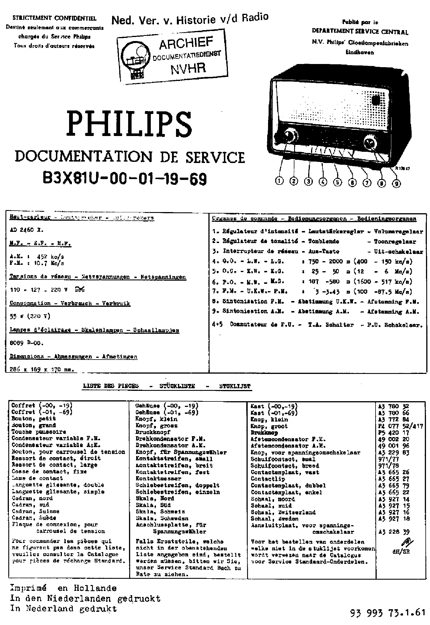 PHILIPS B3X81U-00-01-19-69 AM-FM AC SUPER RECEIVER 1961 SM service manual