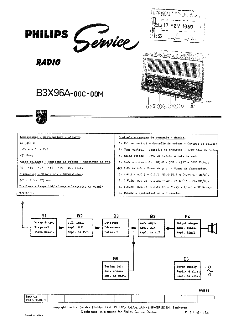 PHILIPS B3X96A RADIO 1960 SM service manual (1st page)
