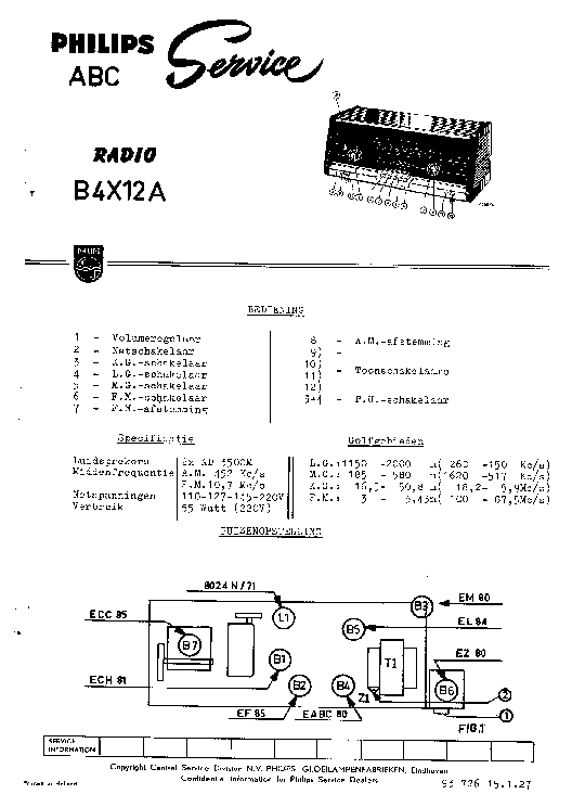 PHILIPS B4X12A AM-FM RADIO SM service manual (1st page)