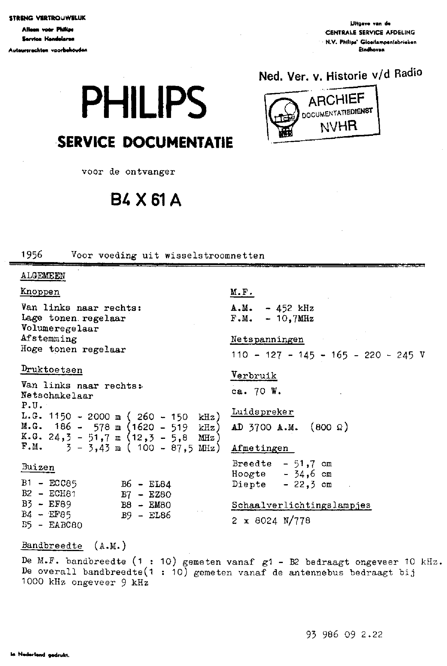 PHILIPS B4X61A AM-FM AC SUPER RECEIVER 1956 SM service manual (1st page)