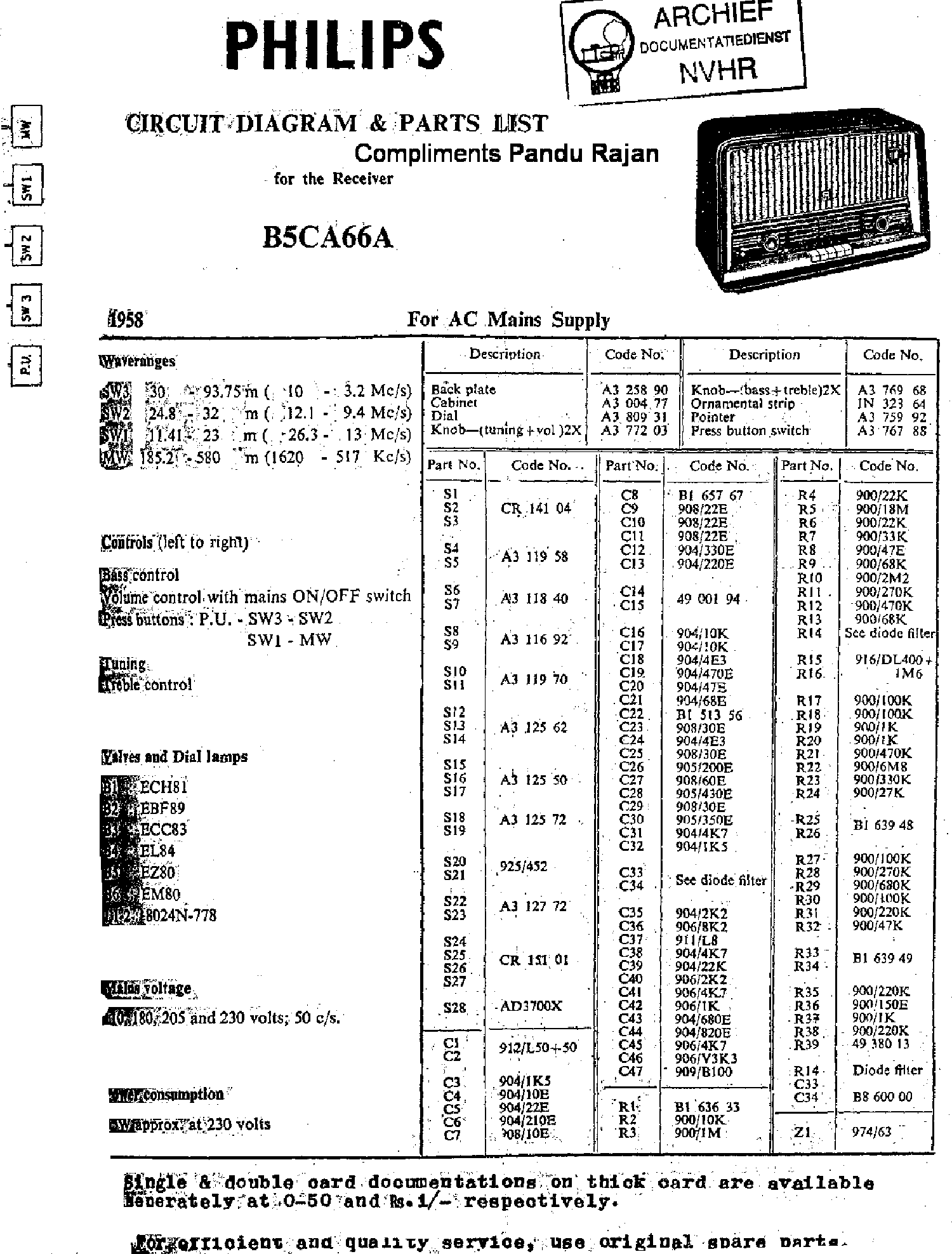 PHILIPS B5CA66A AC SUPER RECEIVER 1959 SM service manual (1st page)