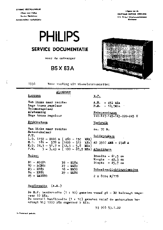 PHILIPS B5X63A AC RADIO 1956 SM service manual (1st page)