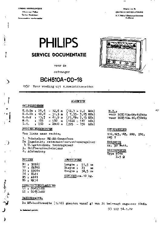 PHILIPS BCH510A SERIE AC RADIO 1952 SM service manual (1st page)