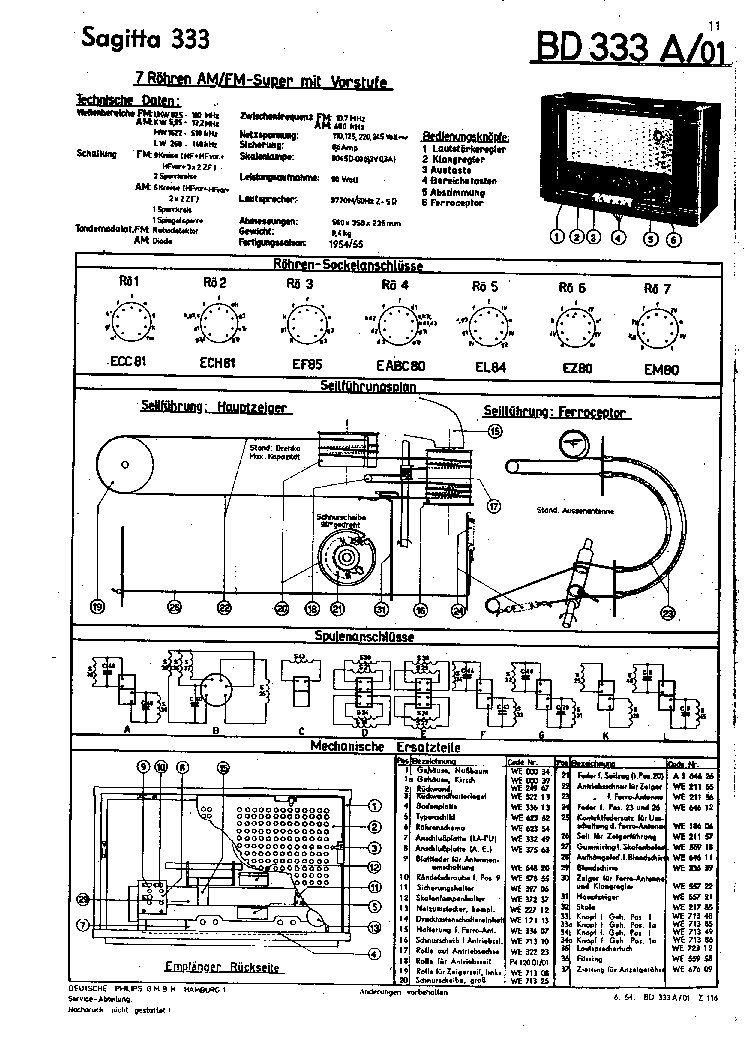 PHILIPS BD333A-01 SAGITTA-333 AM-FM RADIO 1954 SM service manual (1st page)