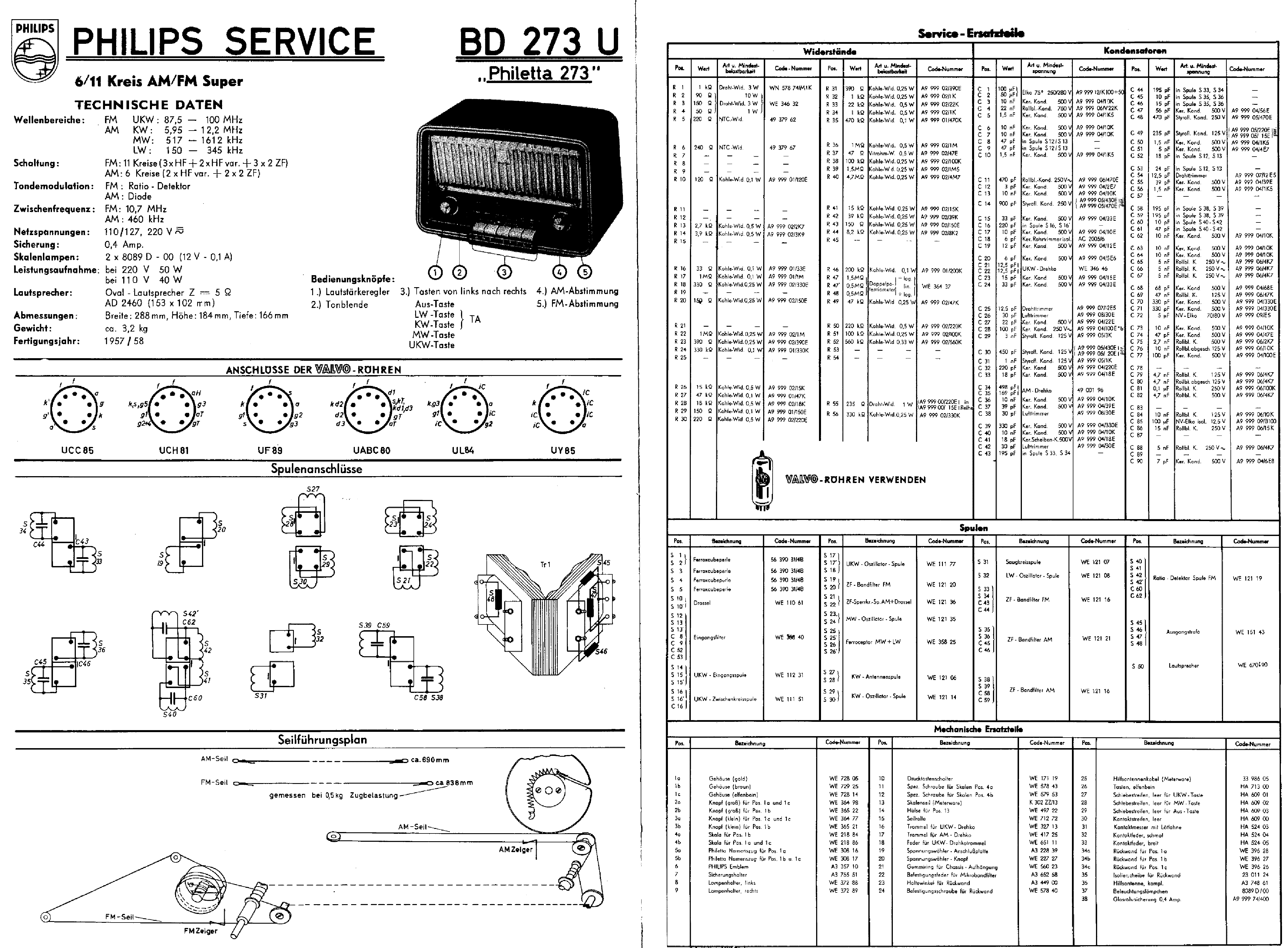 PHILIPS BD723U PHILETTA-273 AM-FM AC-DC RADIO 1957 SM service manual (1st page)