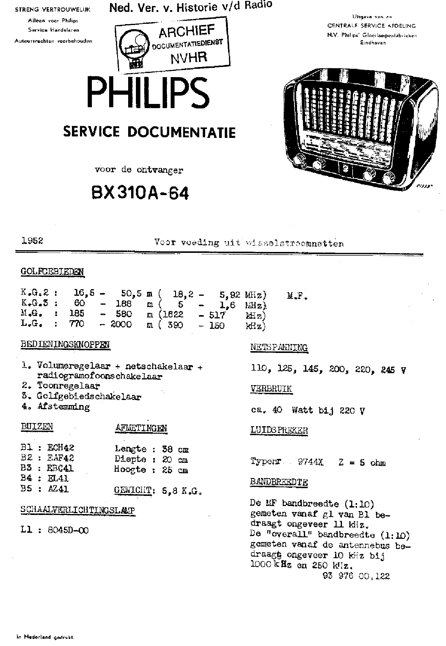 PHILIPS BX310A-64 AC RECEIVER 1952 SM service manual (1st page)