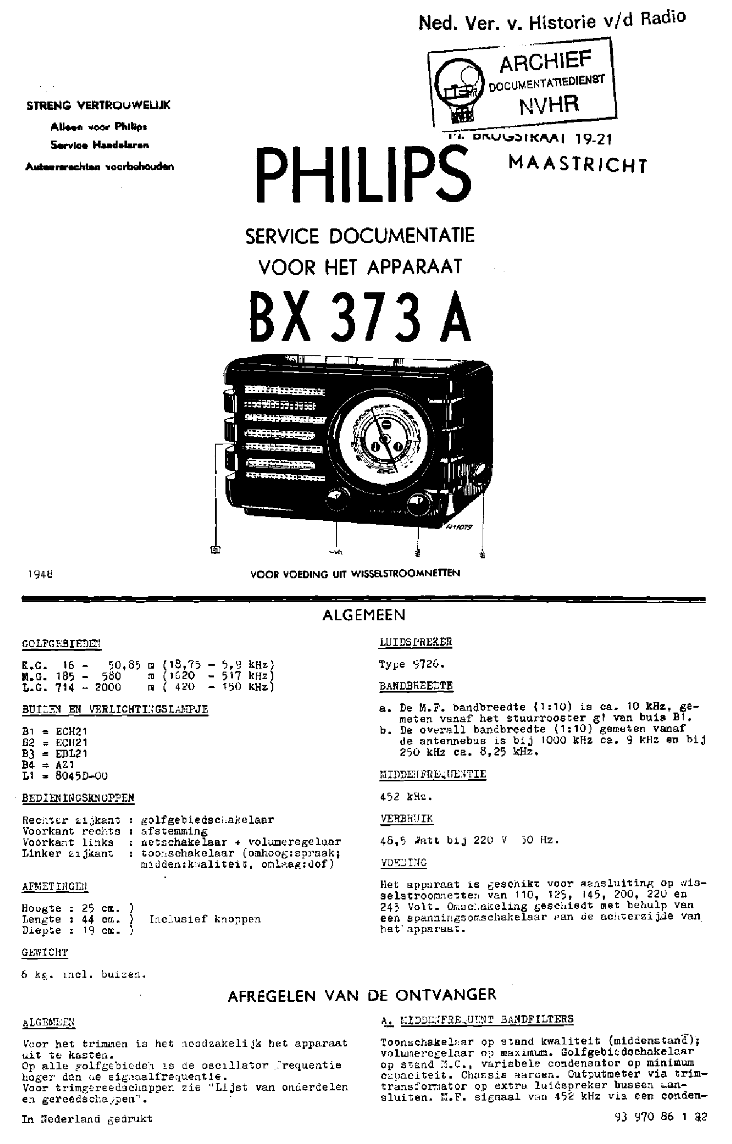 PHILIPS BX373A AC RECEIVER 1948 SM service manual (1st page)