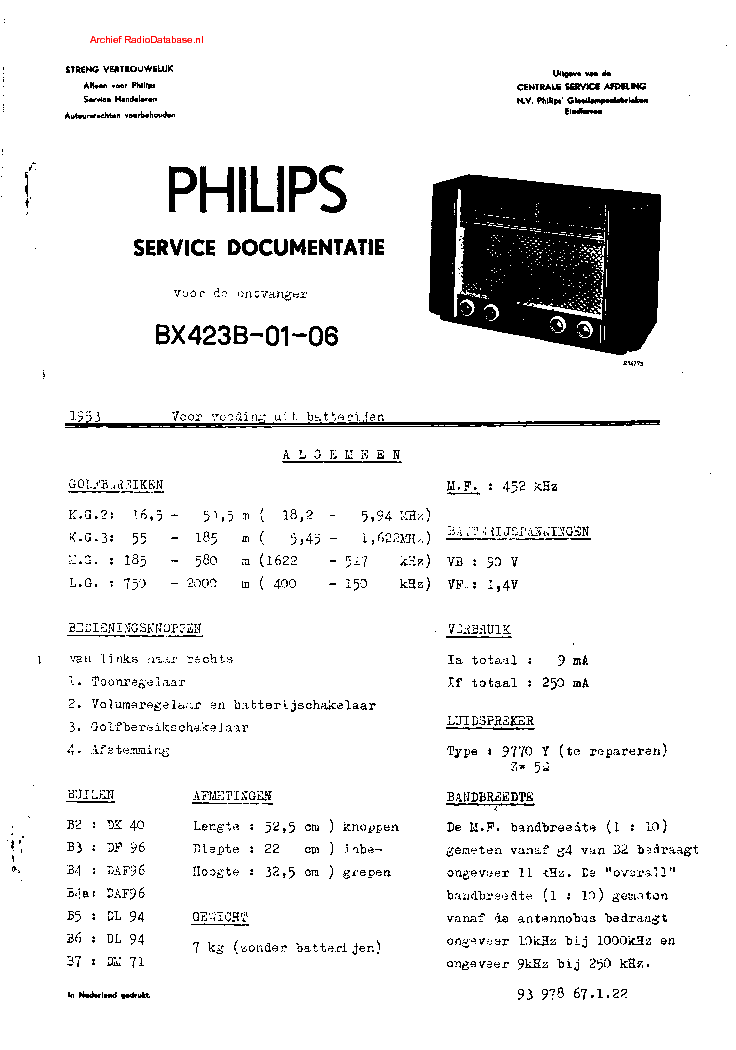 PHILIPS BX423B service manual (1st page)