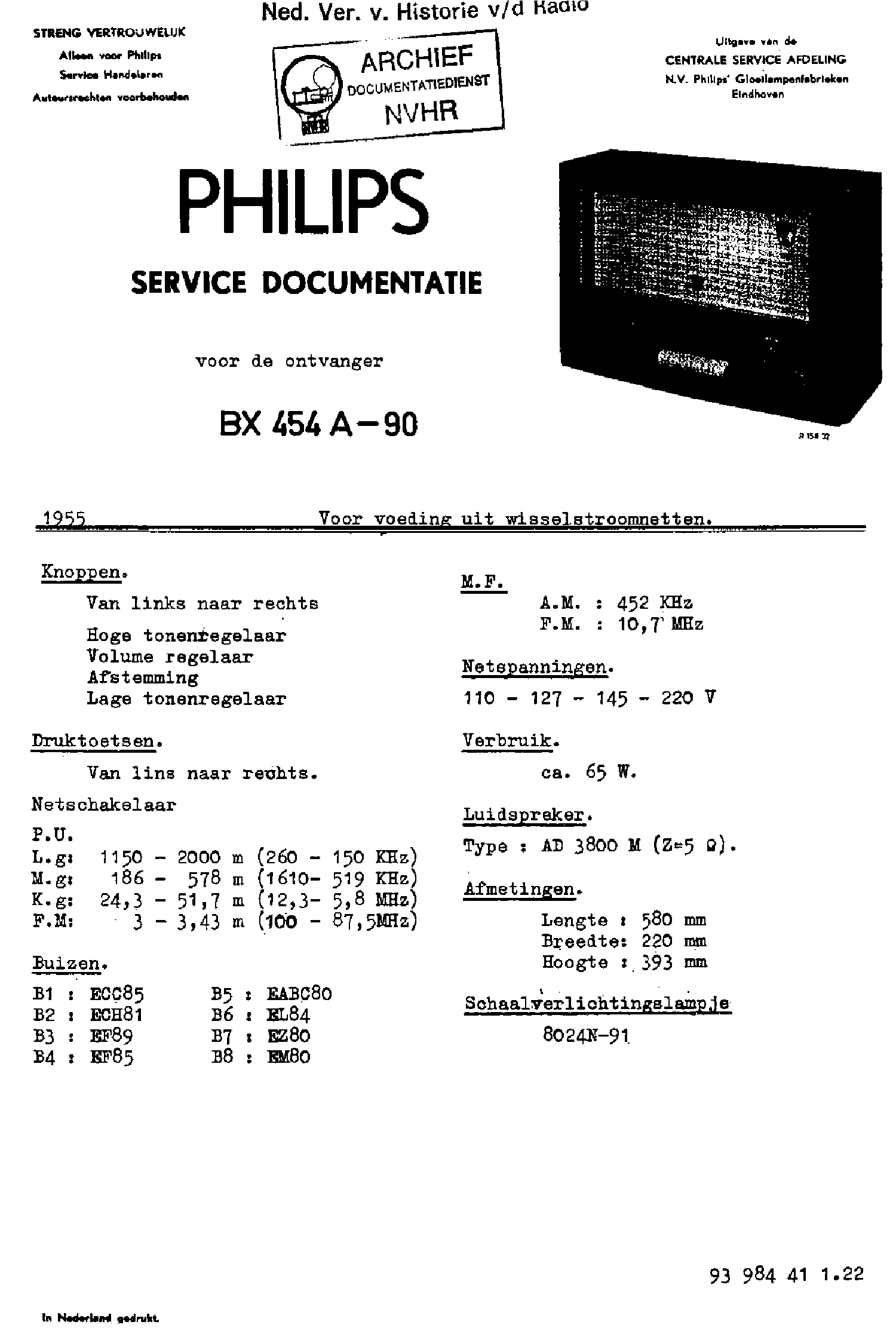 PHILIPS BX454A-90 AM-FM RECEIVER 1955 SM service manual (1st page)