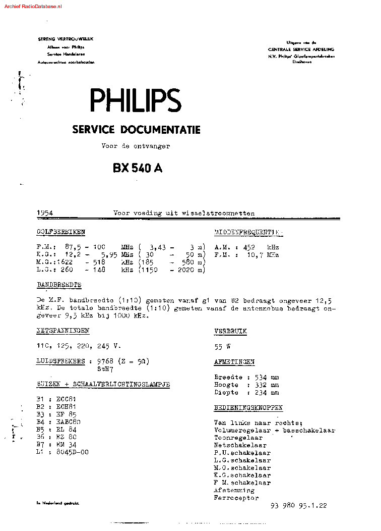 PHILIPS BX540A RADIO 1954 SM service manual (1st page)