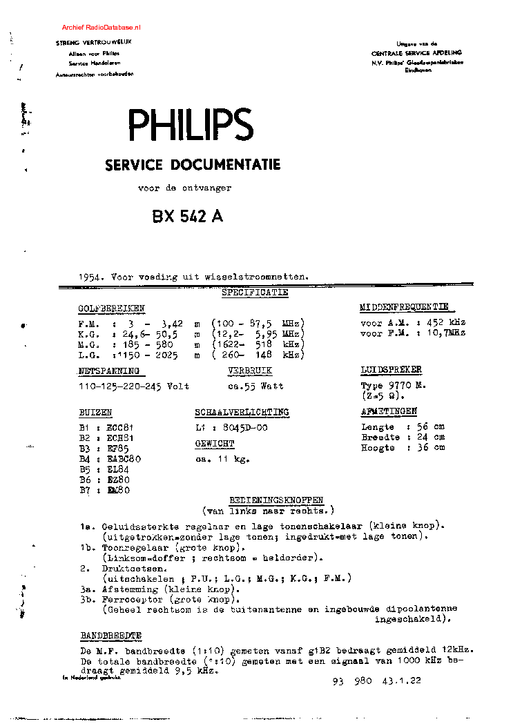 PHILIPS BX542A service manual (1st page)