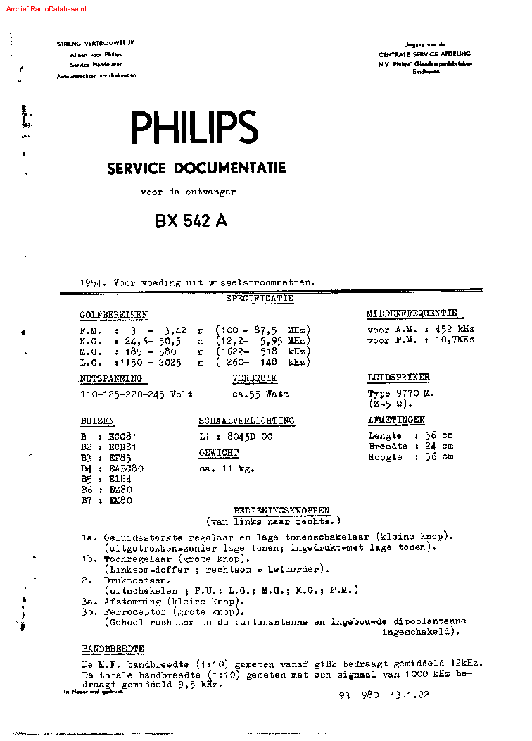 PHILIPS BX542A RADIO 1954 SM service manual (1st page)