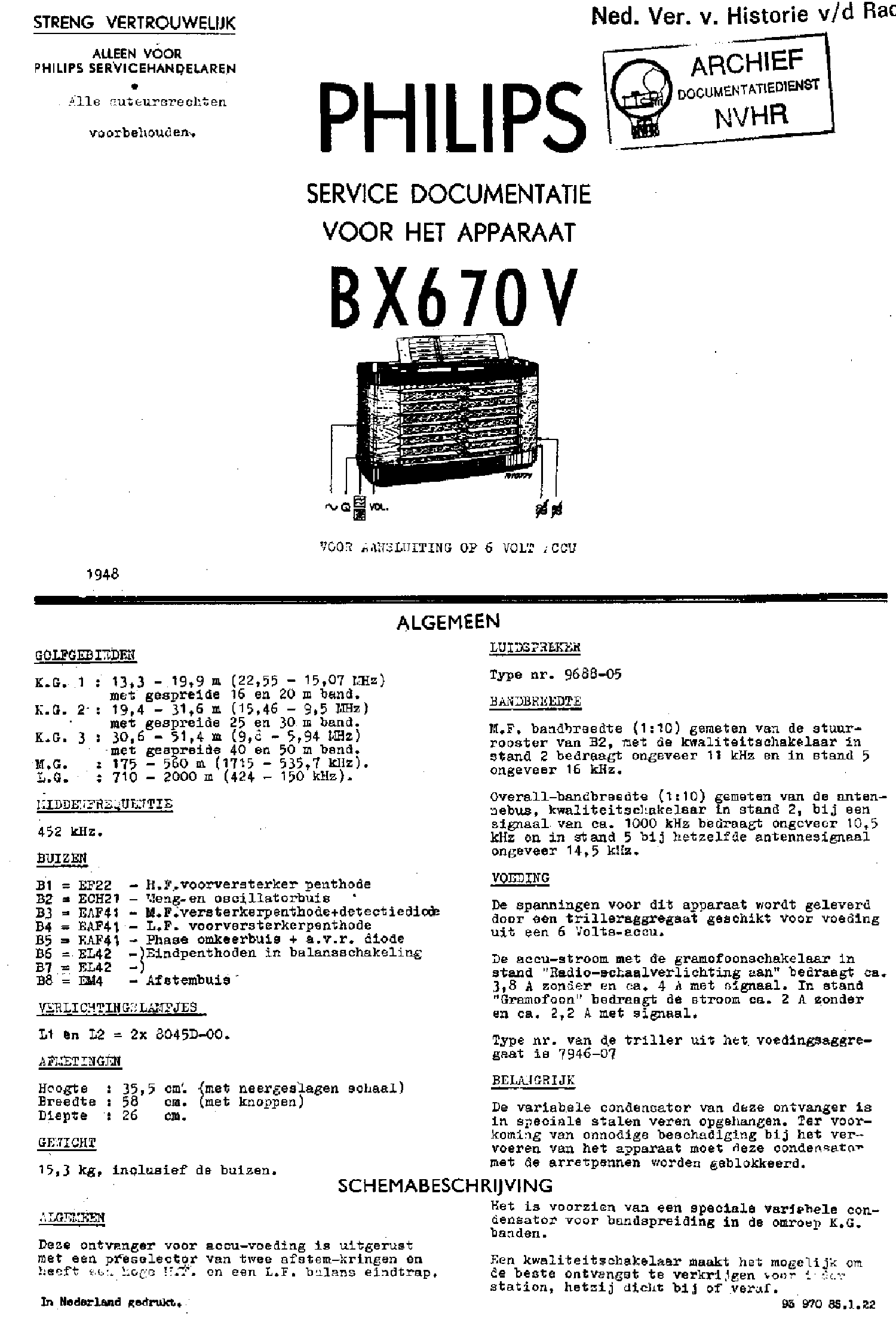 PHILIPS BX670V 6V-AKKU RECEIVER 1948 SM service manual (1st page)