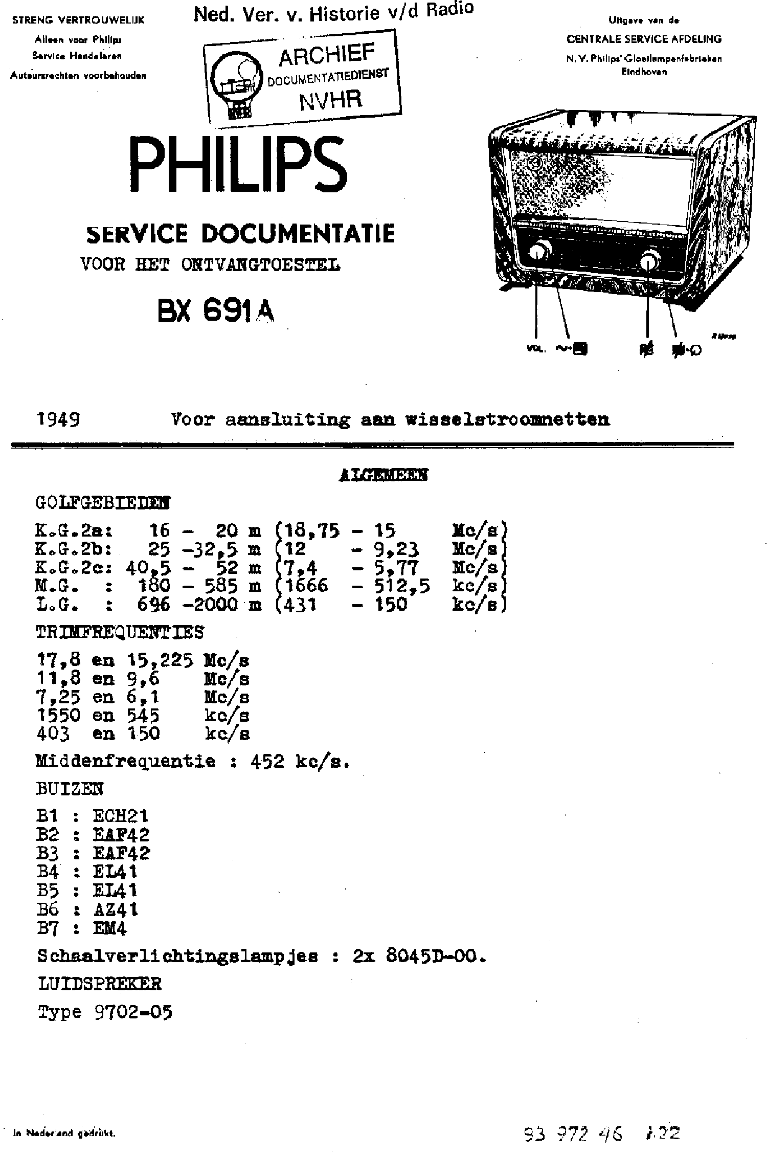PHILIPS BX691A AC RECEIVER 1949 SM service manual (1st page)