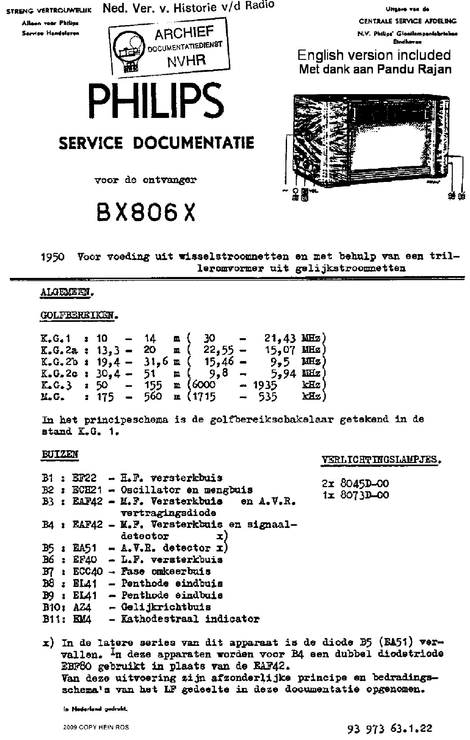 PHILIPS BX806X AC DC-VIBRATOR RECEIVER 1950 SM service manual