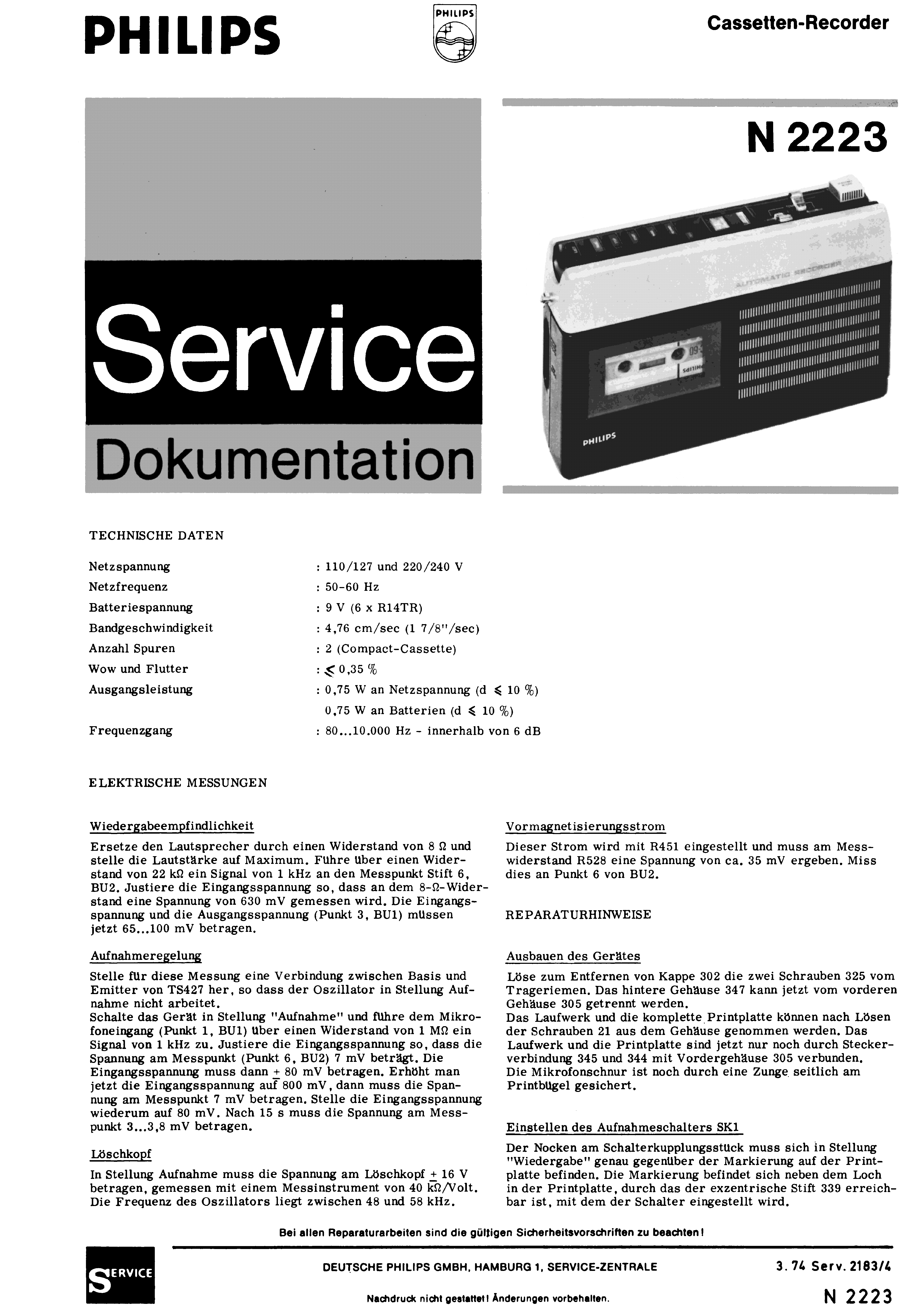 PHILIPS CASSETTEN-RECORDER N2223 SM service manual