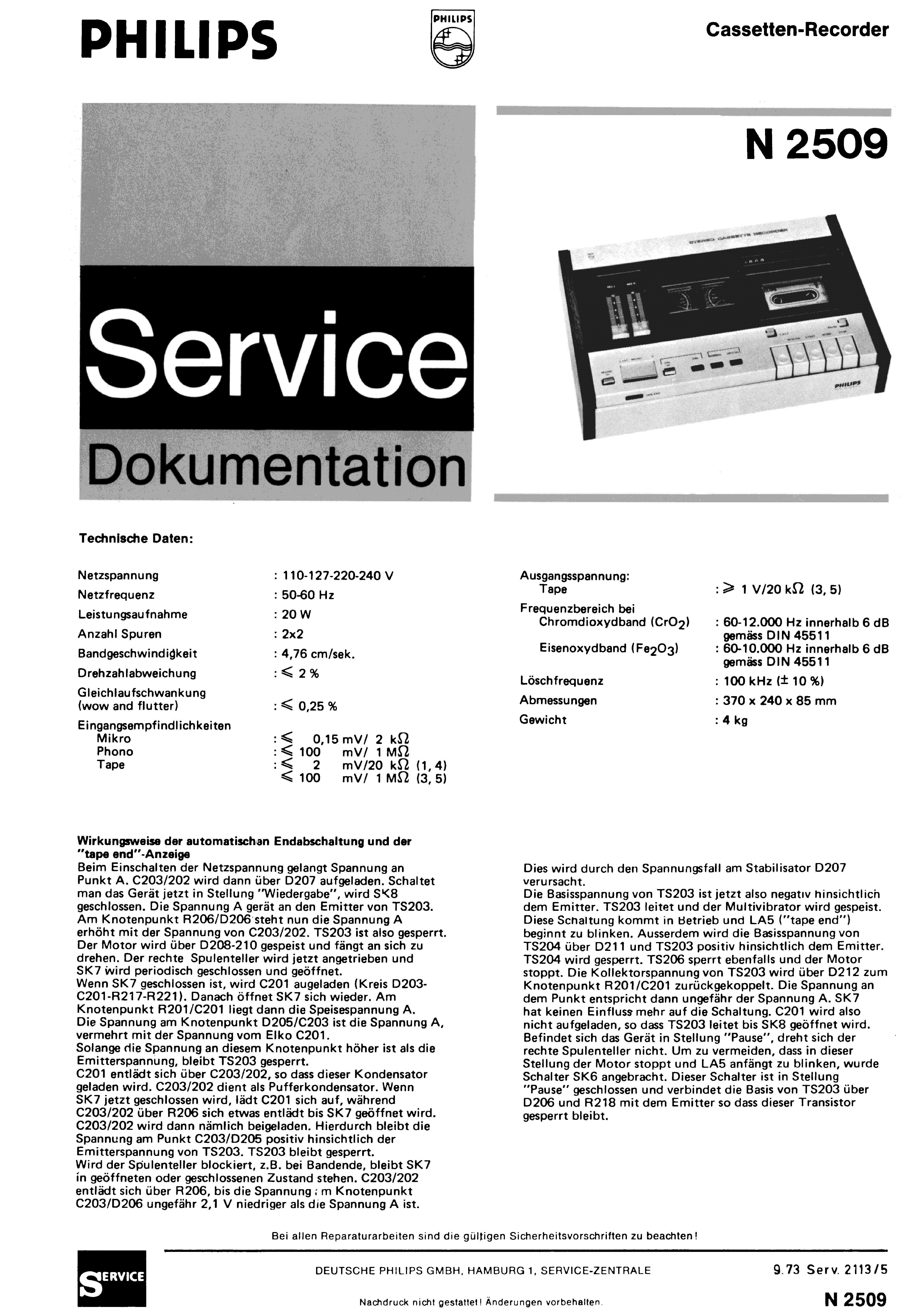 PHILIPS CASSETTEN-RECORDER N2509 SM service manual (1st page)