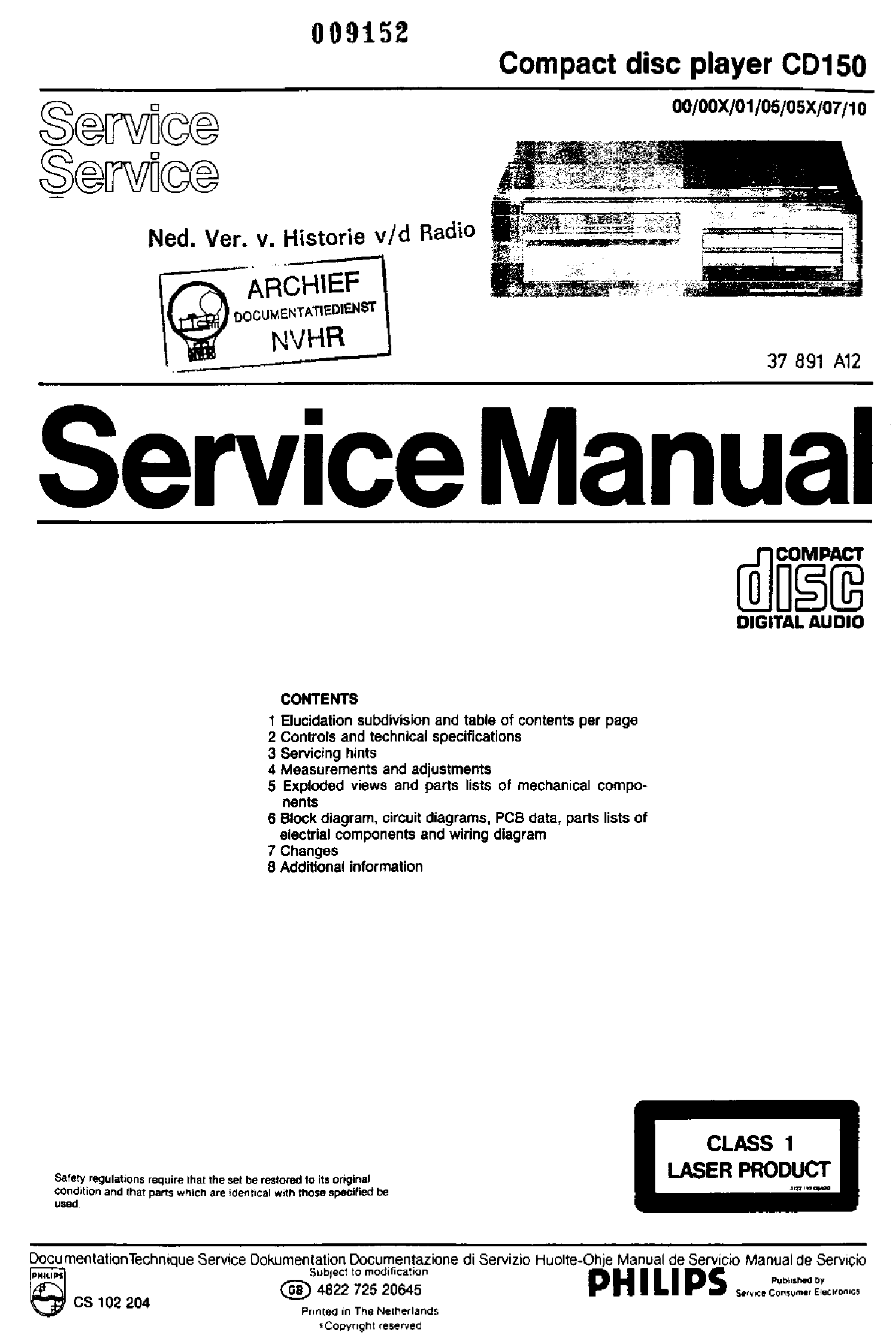 PHILIPS CD150-00-X 01 05-X 07 10 CD-PLAYER 1985 SM service manual (1st page)