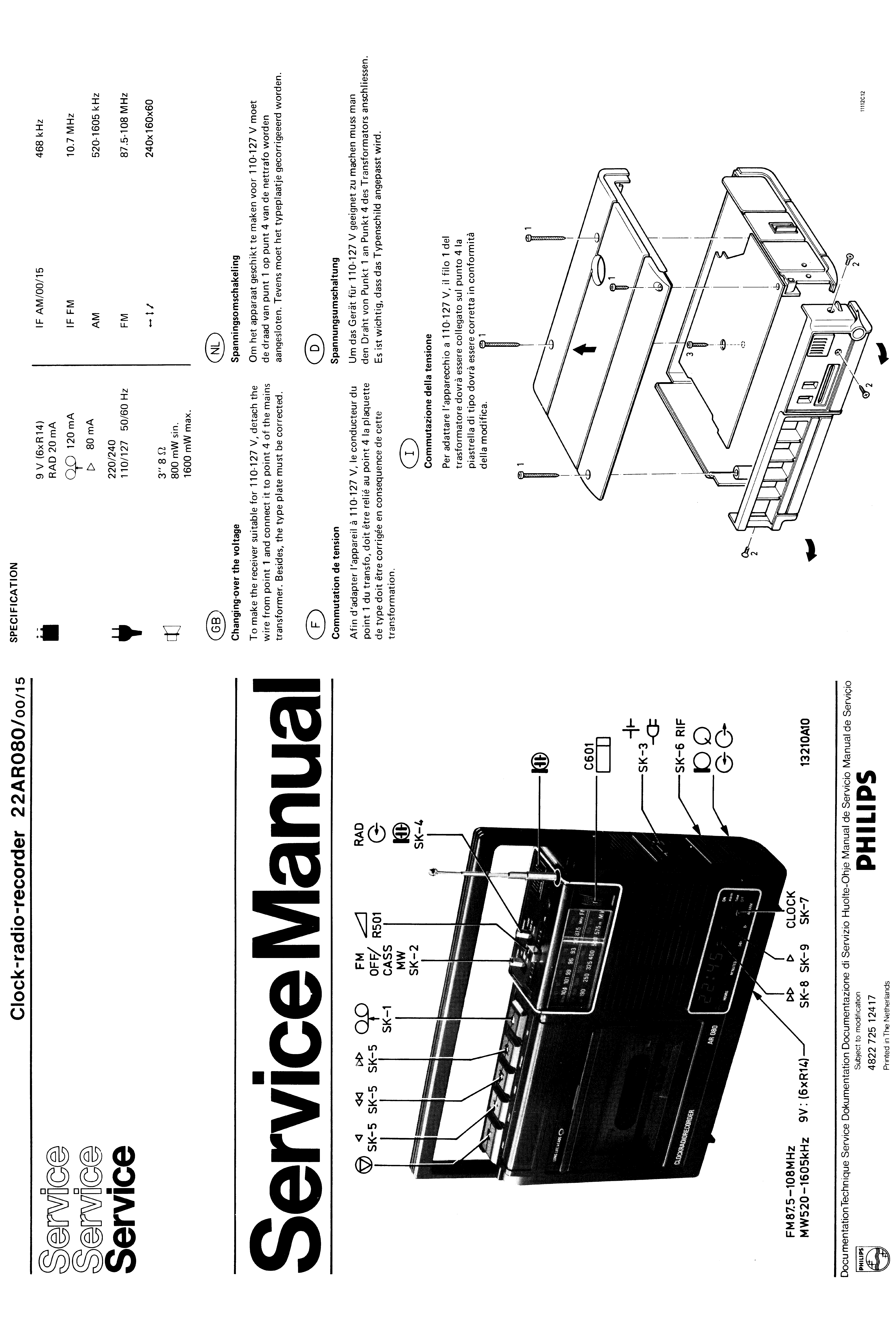 PHILIPS CLOCK-RADIO-RECORDER 22AR080 SM service manual (1st page)